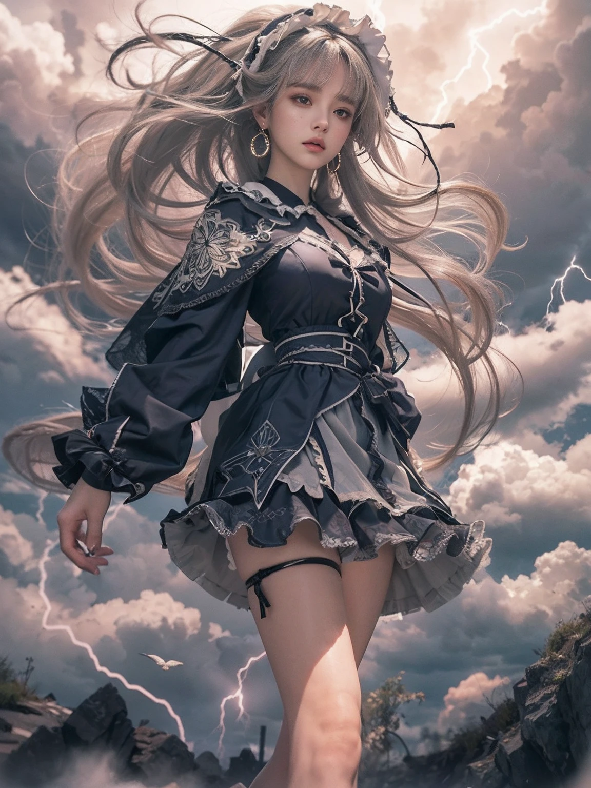 masutepiece,offcial art, Unity 8k wallpaper, Ultra detailed, Beautiful and aesthetic, Beautiful, Masterpiece, Best quality, (zentangle, mandalas, Tangled, entangle), 8K,((Focus on the thighs)),High resolution whole body, surrealism, Cinematic lighting, god light,Layered processing (HD layers, People layer, Background image layer),f/4.0, kanon,(The face is super clear),hugefilesize,Shiny skin,Detailed skin,Detailed face, Detailed eyes, Goddess of the Storm,(ta dress miniskirt:1.5), At the top of a huge canyon, (The wind was blowing violently), Hair similar to the color of wind and lightning, nakeness, Bare chest, No top, Show off , (Storm vortex pendant, Lightning earrings, Dark clouds loom like a storm, A thunderous scene,Sky thunder and lightning scattered together),