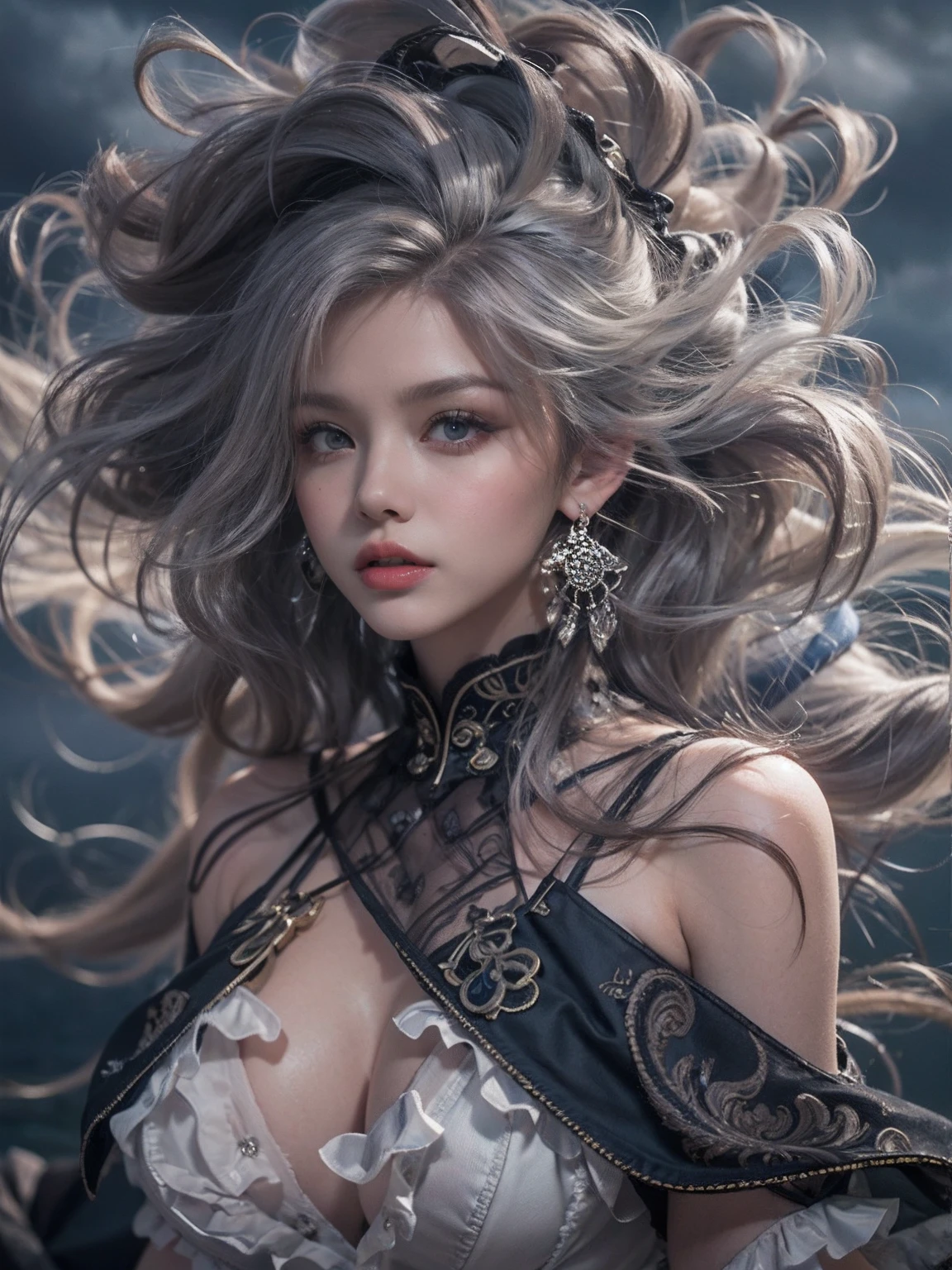 masutepiece,offcial art, Unity 8k wallpaper, Ultra detailed, Beautiful and aesthetic, Beautiful, Masterpiece, Best quality, (zentangle, mandalas, Tangled, entangle), 8K,((Focus on the thighs)),High resolution whole body, surrealism, Cinematic lighting, god light,Layered processing (HD layers, People layer, Background image layer),f/4.0, kanon,(The face is super clear),hugefilesize,Shiny skin,Detailed skin,Detailed face, Detailed eyes, Goddess of the Storm,(ta dress miniskirt:1.5), At the top of a huge canyon, (The wind was blowing violently), Hair similar to the color of wind and lightning, nakeness, Bare chest, No top, Show off , (Storm vortex pendant, Lightning earrings, Dark clouds loom like a storm, A thunderous scene,Sky thunder and lightning scattered together),