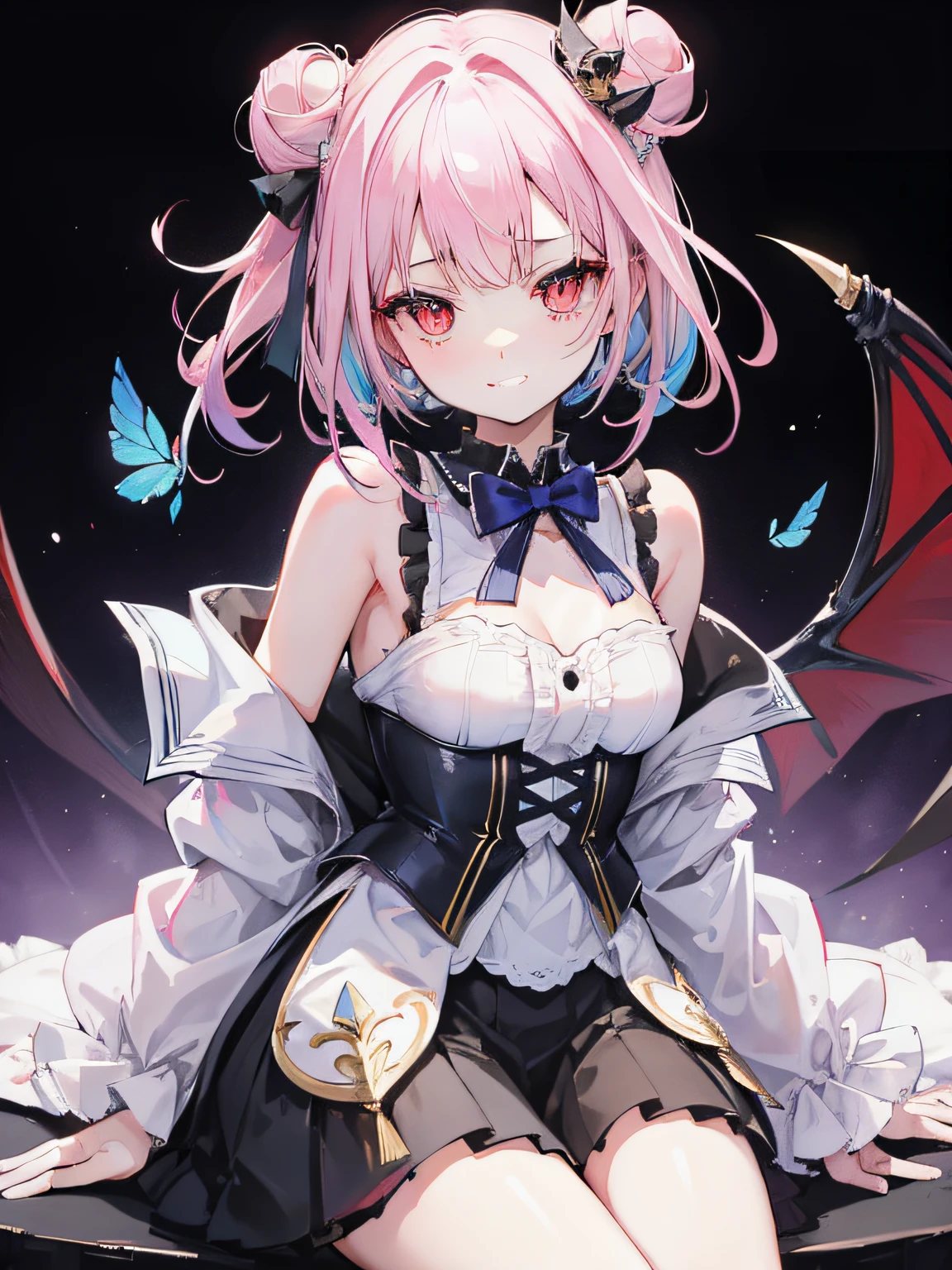 {Moist feather(hololive)}, 1girl, {short hair}, double bun, twintail ribbon, {Light pink hair}, {Red eyes}、​masterpiece、top-quality、Blue winged butterfly、grinning evily、{demon king}、{full bodyesbian}、a throne、ambition、Aura of Darkness、A black、demon realm、