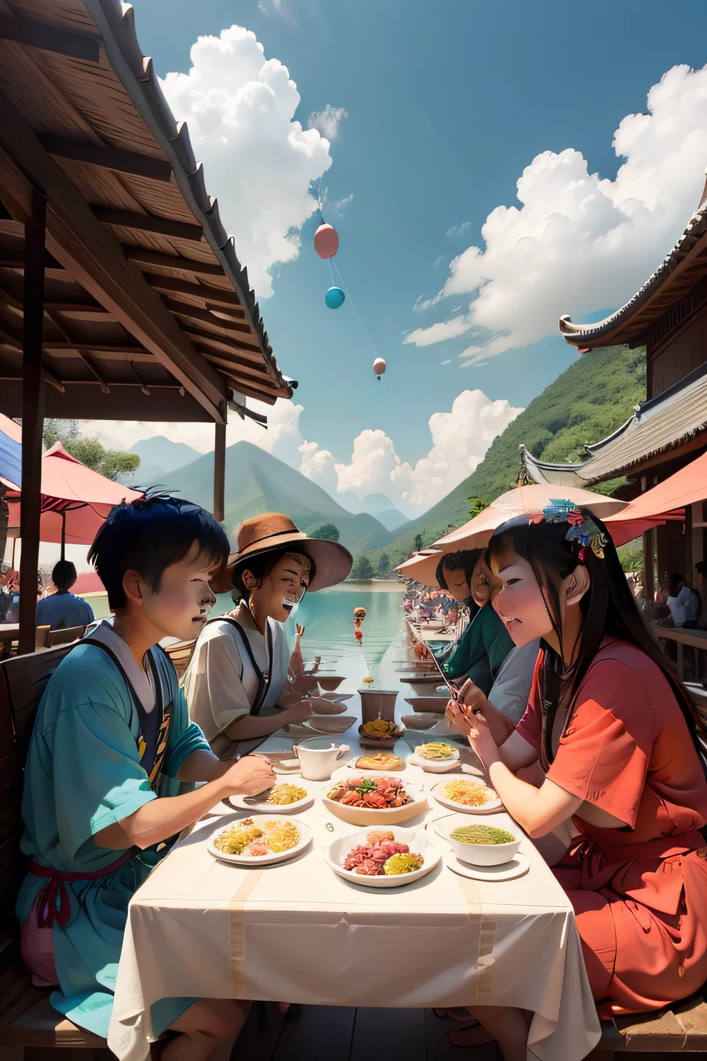 On a turquoise river or lake,A colorful dragon boat is paddling by,The people on board were dressed in colorful clothes,Wielding firecrackers for dragon boat racing。Their smiling faces and excited eyes show an atmosphere of joy and unity。Sparkling on the water,As if celebrating this festival。
On the shore,A group of children flying a kite。These kites come in a variety of shapes,Decorated with various patterns,Fly vividly in the blue sky and white clouds。Children laugh and chase them,Happy laughter is transmitted。
The picture on the other side shows a scene of people gathering。The table is filled with a variety of delicious rice dumplings,There are salty ones、Sweet、Luxurious and unadorned,The colorful decorated boxes are filled with small and cute rice dumplings,The aroma is overflowing。People sit around tables,Enjoy the moment of making and appreciating these delicacies together,They exchanged care and blessings with each other。Some people are busy making rice dumplings,Others are sharing their stories and experiences,There was laughter。
Above the illustration,You can choose a portrait of Qu Yuan,He was staring into the distance,As if thinking about something。His face was solemn and firm,It conveys a spiritual power。Behind him were tall peaks and verdant woods,It symbolizes his spirit and the profound influence of Chinese culture。