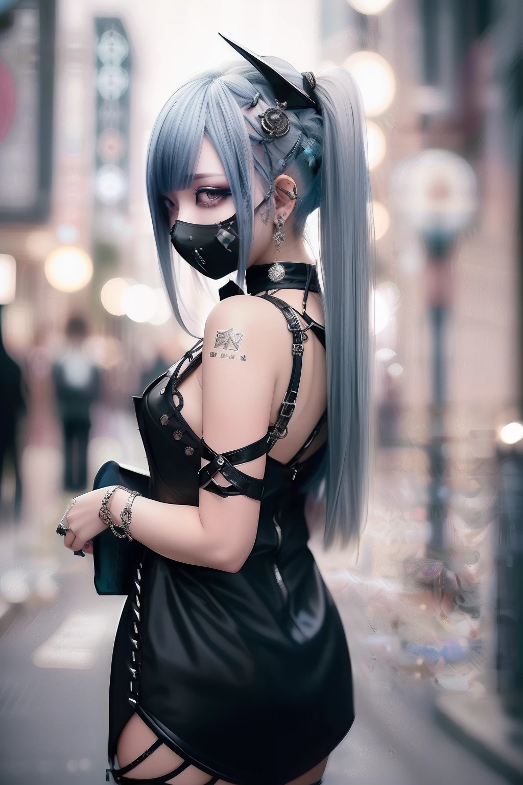 Cowboy Shot、goth_punk, 1girl in, 独奏, medium shot, Walking in Harajuku, ((during night)), bokeh dof, Neon light, Iridescent eyes, starrysky, White shiny hair, White eyebrows, Radiant hair, (iridescent white hair), 耳Nipple Ring, bangss, jewely, masks, bluntbangs, verd s eyes, Mouth mask, blurry backround, bblurry, hair adornments, Look at viewers, shorth hair, portraitures, side locks、blue-black leather pants, silver zipper,belt below the waist,super fine illustration,(((beautiful fine hair))),(((beautiful fine face))),(((beautiful fine background))),normal small size,bangs bangs ,(((beautiful fine hair))),(((beautiful fine face))),(((beautiful fine background))),blond hair , showing forehead, silver center zipper, leather blue black bodysuit, sleevelesblue blacks, shiny, blonde ponytail