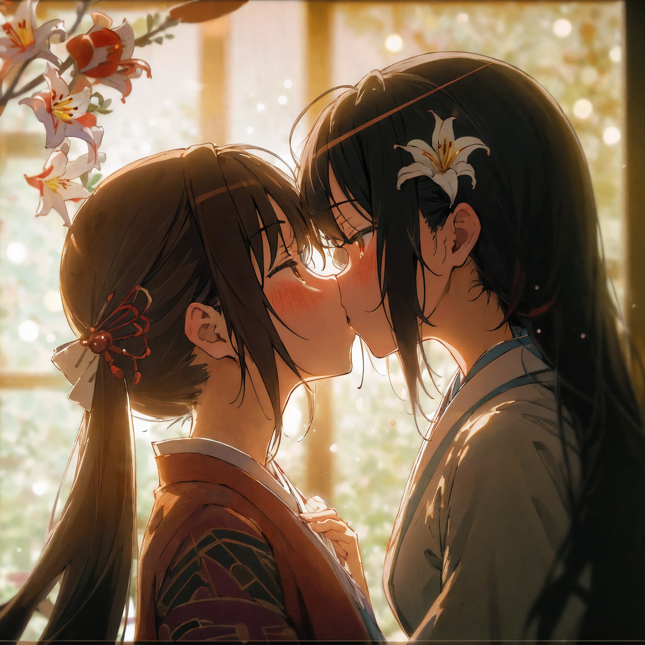 Japanimation, (((eroge))), Japanese scene, Japanese composition, extremely high level illustration, (((masterpiece))), best quality, extremely detailed, 16k, extremely high level illustration, absurd resolution, absurd detailed, yuri, extremely beautiful 2 ladies, kiss, hug, an extremely beautiful detailed village, lily, f1.4/35mm, perspective, depth of field, proportion, focus on face, blurry background, bokeh, sharp focus, depth and dimension, soft and warm lighting, fantasy lighting, beautiful detailed glow