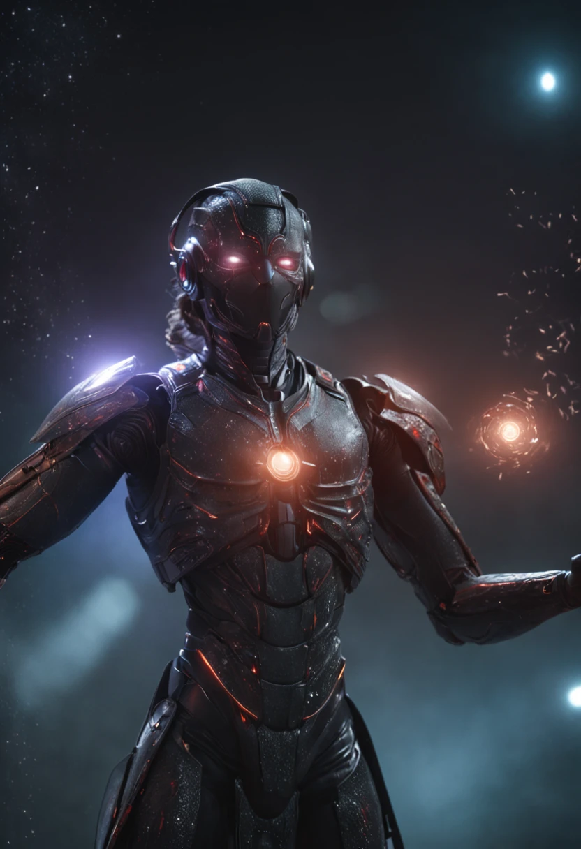 Cosmic Fallen Angel, glowing light eyes, Biomechanical, eerie, Creepy, nightmarish, Very bright colors, Light particles, with light glowing, Mshiff, wallpaper art, UHD wallpaper