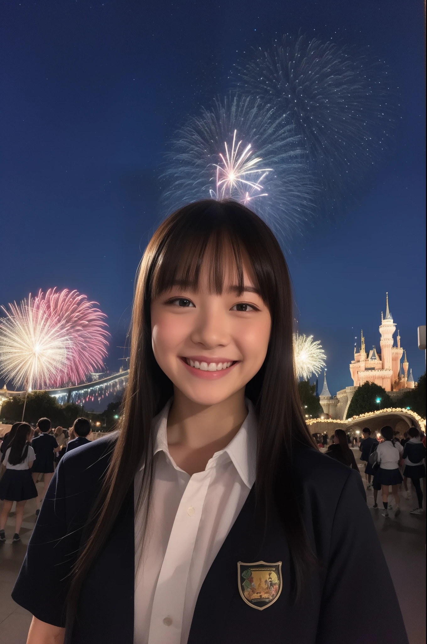A smile、hi-school girl、校服、shortsleeves、Disney land、While doing fireworks、starrysky、Aurora