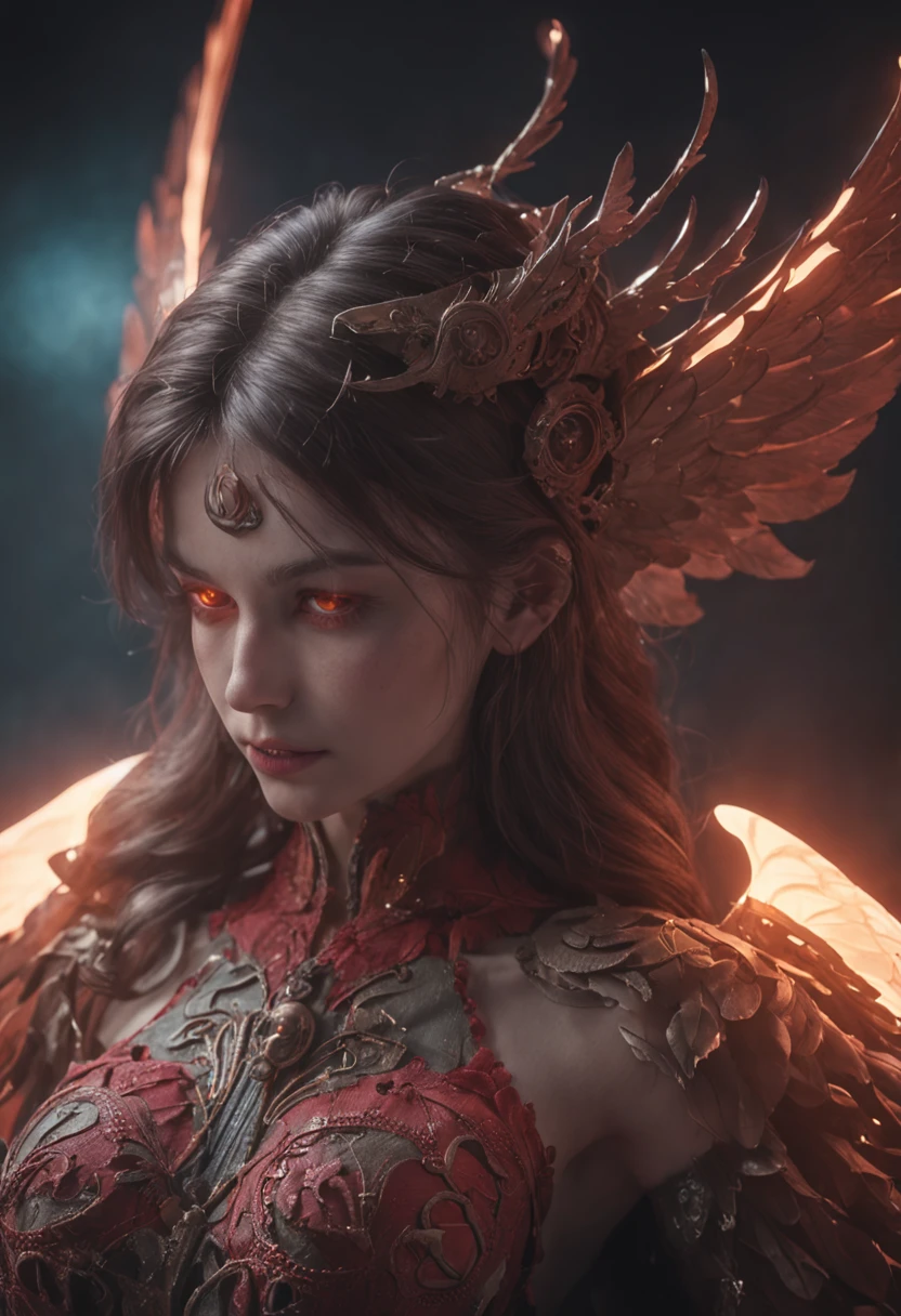 Cosmic Fallen Angel, glowing light eyes, Biomechanical, eerie, Creepy, nightmarish, Very bright colors, Light particles, with light glowing, Mshiff, wallpaper art, UHD wallpaper