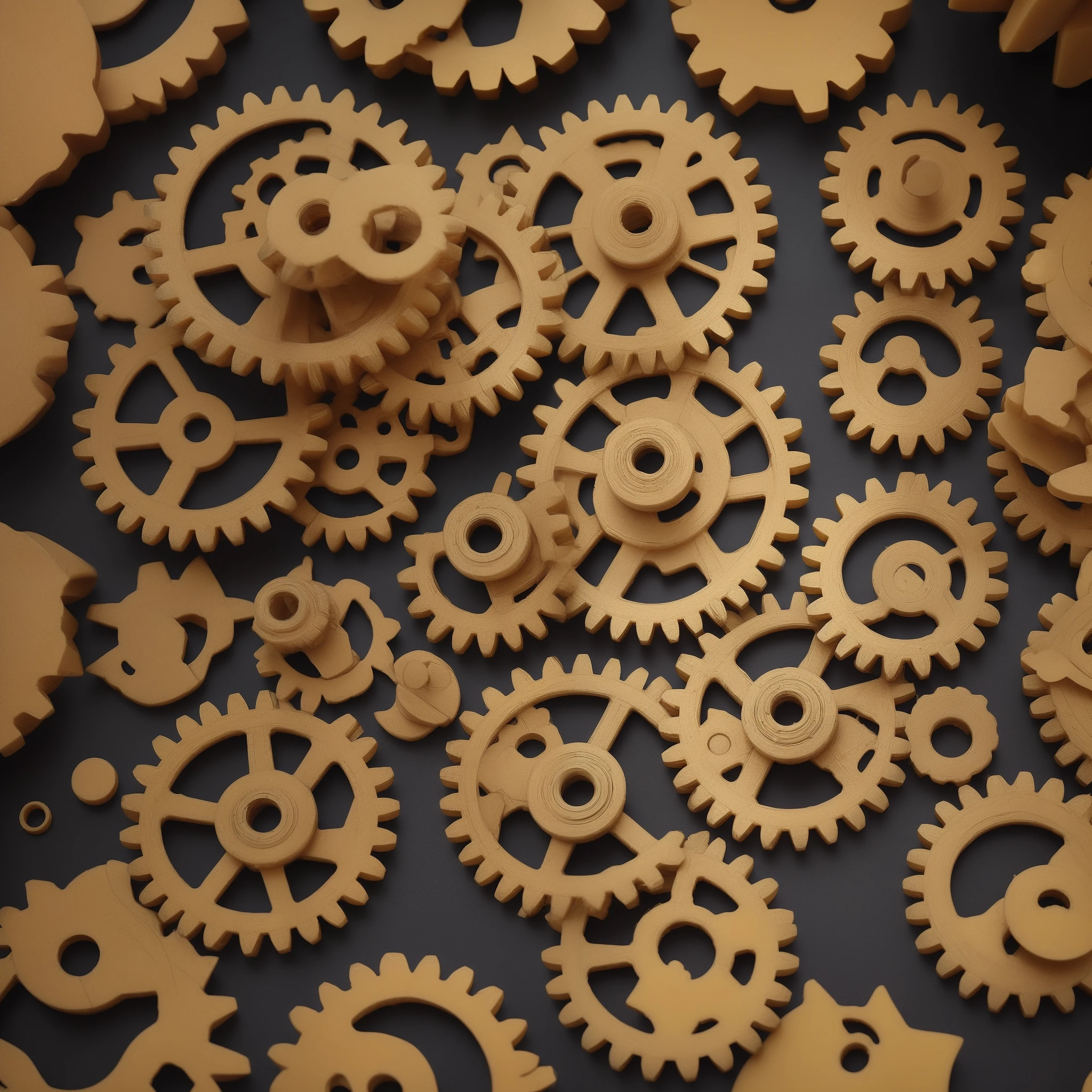 Involute gears made of cheese，Meshing gears，industrial style，Gear system mechanism，detail-rich，Contains no ingredients other than cheese，Three to five sets of gears