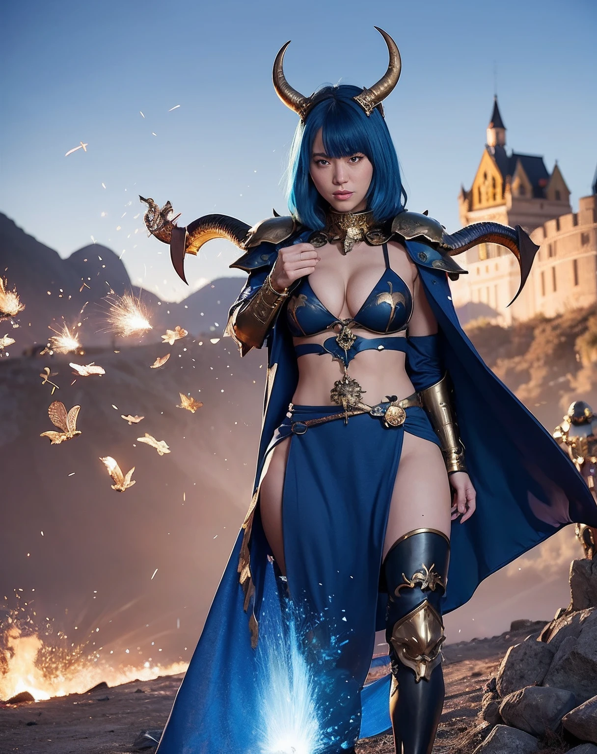 Professional , masterpiece、top-quality、photos realistic , depth of fields 、(Gemstone Blue Metal Body:1.2),(Matte Blue Black、()、gold patterns、Wind-effect、Light Effects、Wind-effect、(Micro Bikini Armor)、(cleavage of the breast)、Dragon Gold Weapon(Dragon Metal Body:1.4),Gorgeous gold weapons ,(Particles of light)、 ,Fight legions of soldiers in skeleton armor ,(fierce look)、Mystical expression、16-year-old beautiful girl、(( Dragon's dense and gorgeous sword)) , Ultimate Beauty 、((Blue hair))、(Castle background)、Fight dragons、Fight with weapons、((Gangle's forest background))、Beautiful Caucasian beauty、(1a person)、dynamic ungle,(((Details of the two demon horns on the head)))、Smaller head、A smile、Castle background、Thin and beautiful female hands、cleavage of the breast、Soldier in iron armor on background、Mystical expression、Light Effects、Wind-effect、magic circles、With the legendary magic wand、(demonic wings)、(Blue hair)、(1 persons)、Battle Look、Anatomically correct body、Toostock、Toostock、knee、Fight soldiers with skeleton armor ,