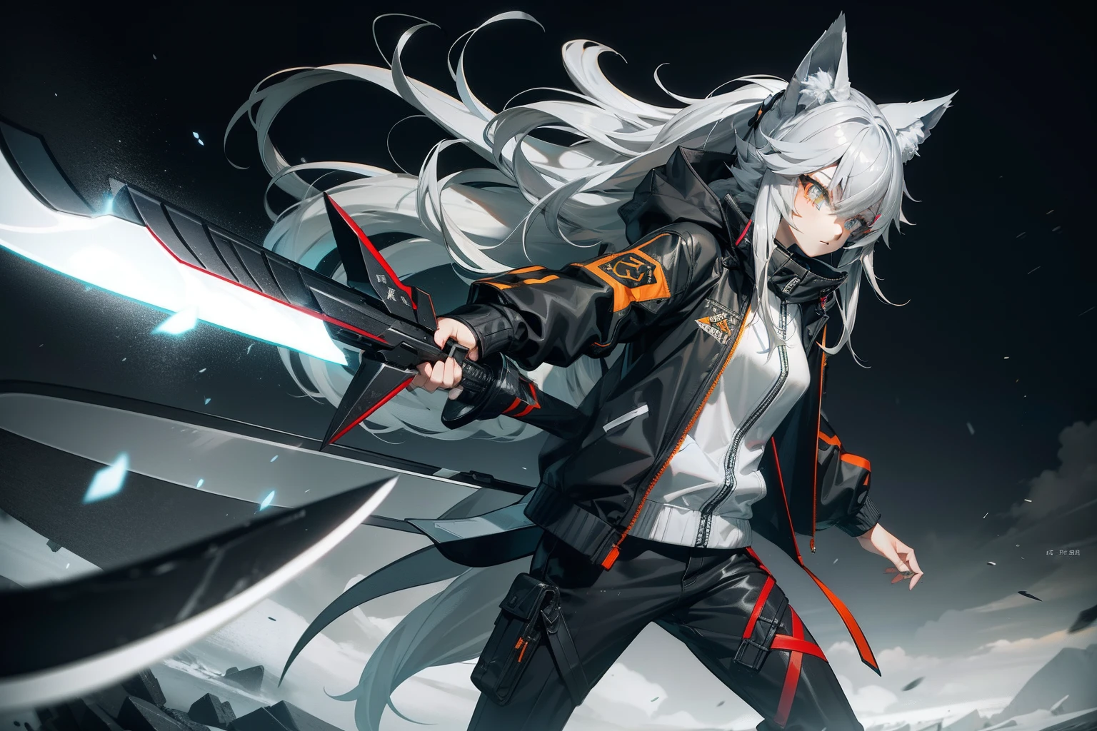 Long gray hair，fox ear，s girl，Storm jacket，Black pupils，Long knives，。.。.。.3D