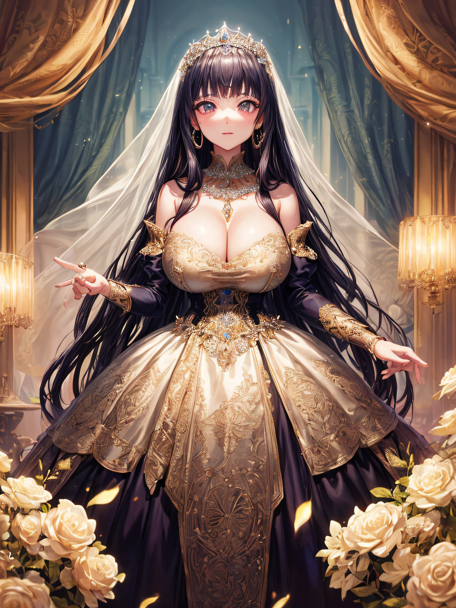 (masterpiece, best quality,extremely detailed,moe anime art style:1.2),1girl, (solo), cute, kawaii,digital art,((1 bling-bling anime princess wearing beautiful embroidery and jeweled gorgeous princess ballgown with voluminous full length hoop skirt)),((crinoline)),long train,voluminous frills,(gorgeous embroidery and beautiful lace),(very gigantic boobs,cleavage,skindentation),((shiny hair,absurdly voluminous straight hair,absurdly Long Hair)),((finely detailed face and eyes)),clear pupil,(bling-bling gorgeousfull jeweled big tiara),((bling-bling gorgeous gemstone jewelry)),long veil,((standing in beautiful luxury palace)),flowers,flower petals flowing,standing pose,(dynamic angle),((beautiful embroidery and jeweled gorgeous princess ballgown with voluminous full length hoop skirt))