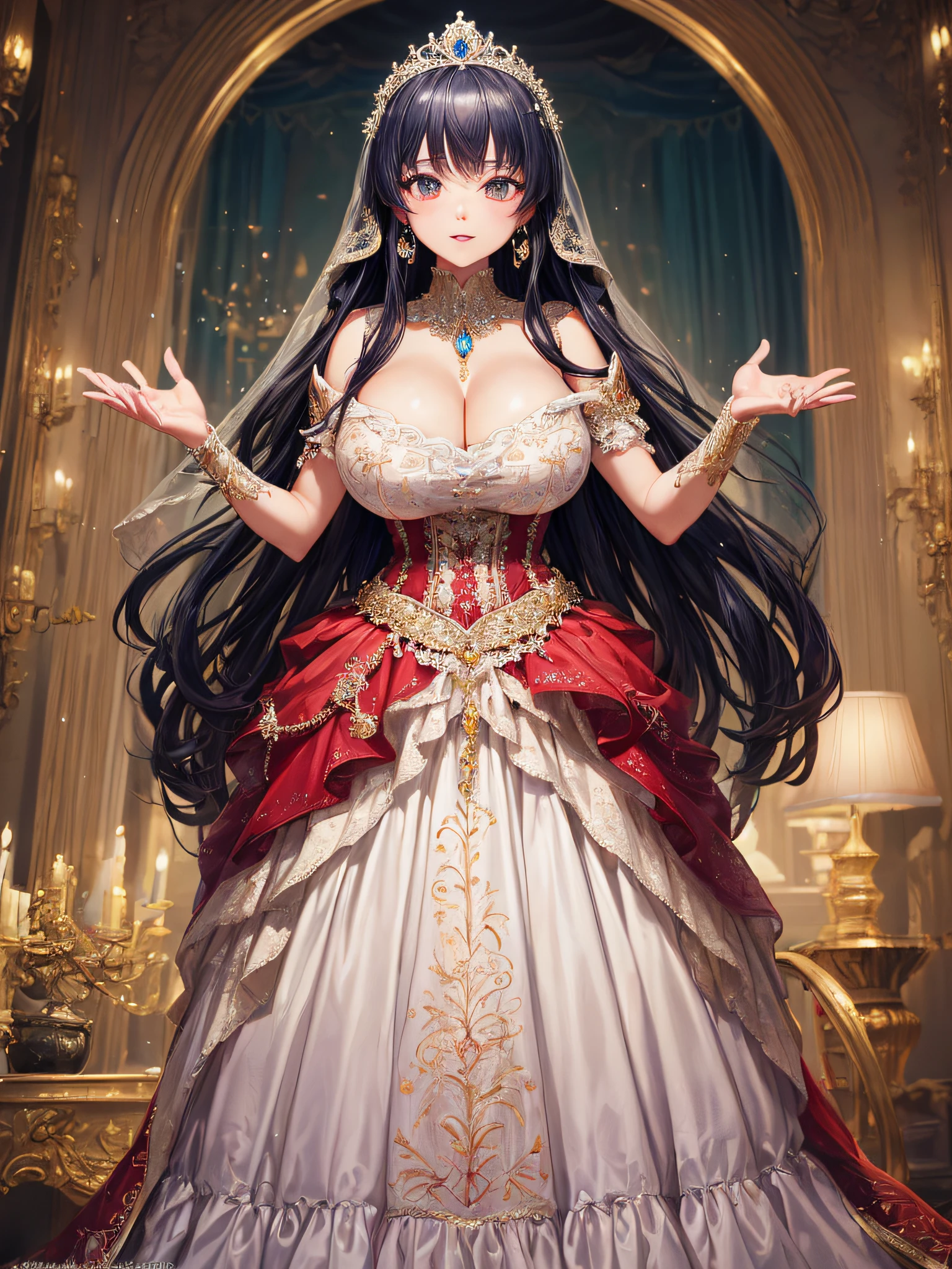(masterpiece, best quality,extremely detailed,moe anime art style:1.2),1girl, (solo), cute, kawaii,digital art,((1 bling-bling anime princess wearing beautiful embroidery and jeweled gorgeous princess ballgown with voluminous full length hoop skirt)),((crinoline)),long train,voluminous frills,(gorgeous embroidery and beautiful lace),(very gigantic boobs,cleavage,skindentation),((shiny hair,absurdly voluminous straight hair,absurdly Long Hair)),((finely detailed face and eyes)),clear pupil,(bling-bling gorgeousfull jeweled big tiara),((bling-bling gorgeous gemstone jewelry)),long veil,((standing in beautiful luxury palace)),flowers,flower petals flowing,standing pose,(dynamic angle),((beautiful embroidery and jeweled gorgeous princess ballgown with voluminous full length hoop skirt))