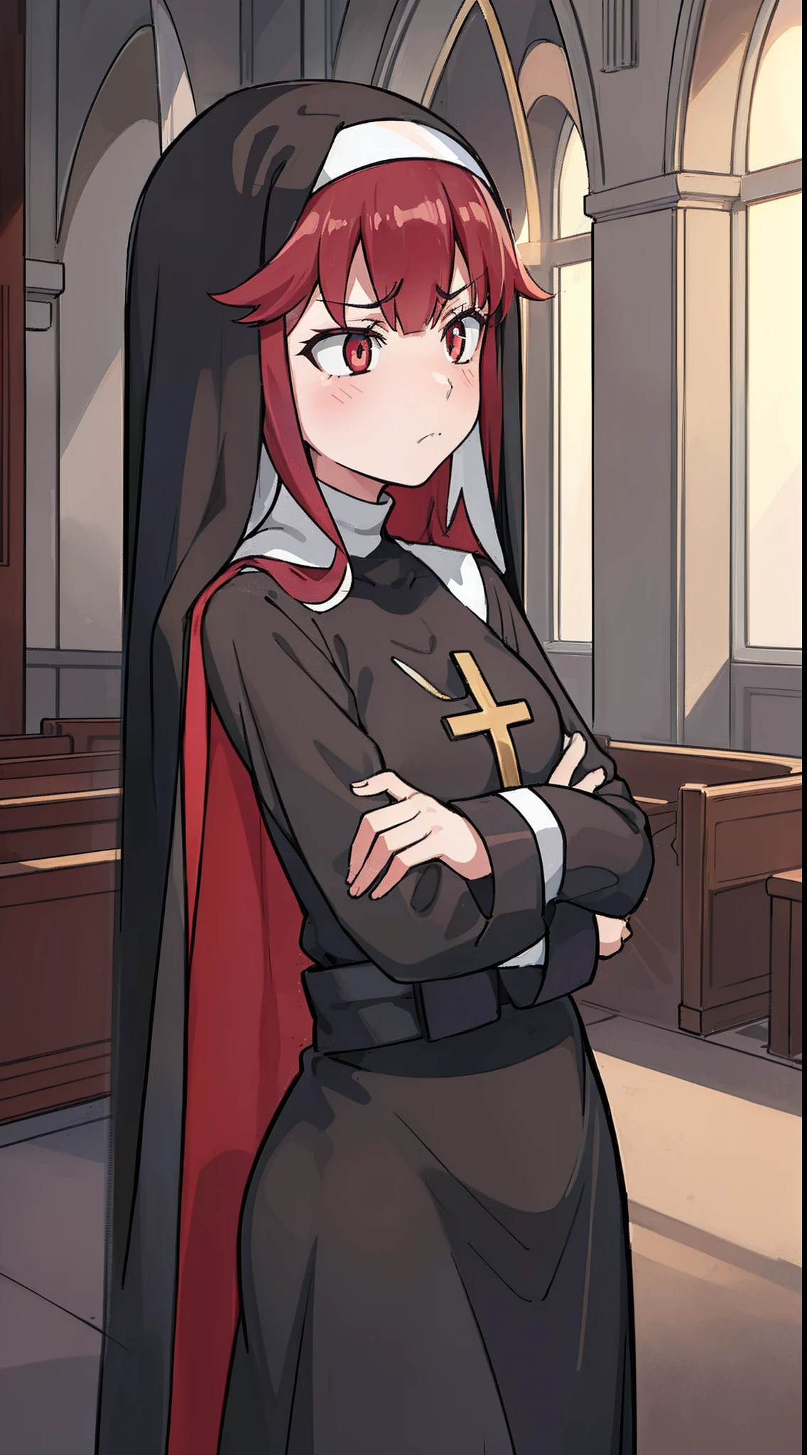 (One age nun girl) The Dark Mantle. A nun in a cassock. with a golden cross on the chest. red-eyes. dark colored hair, frowning face. Against the backdrop of a gloomy church hall in the dark.