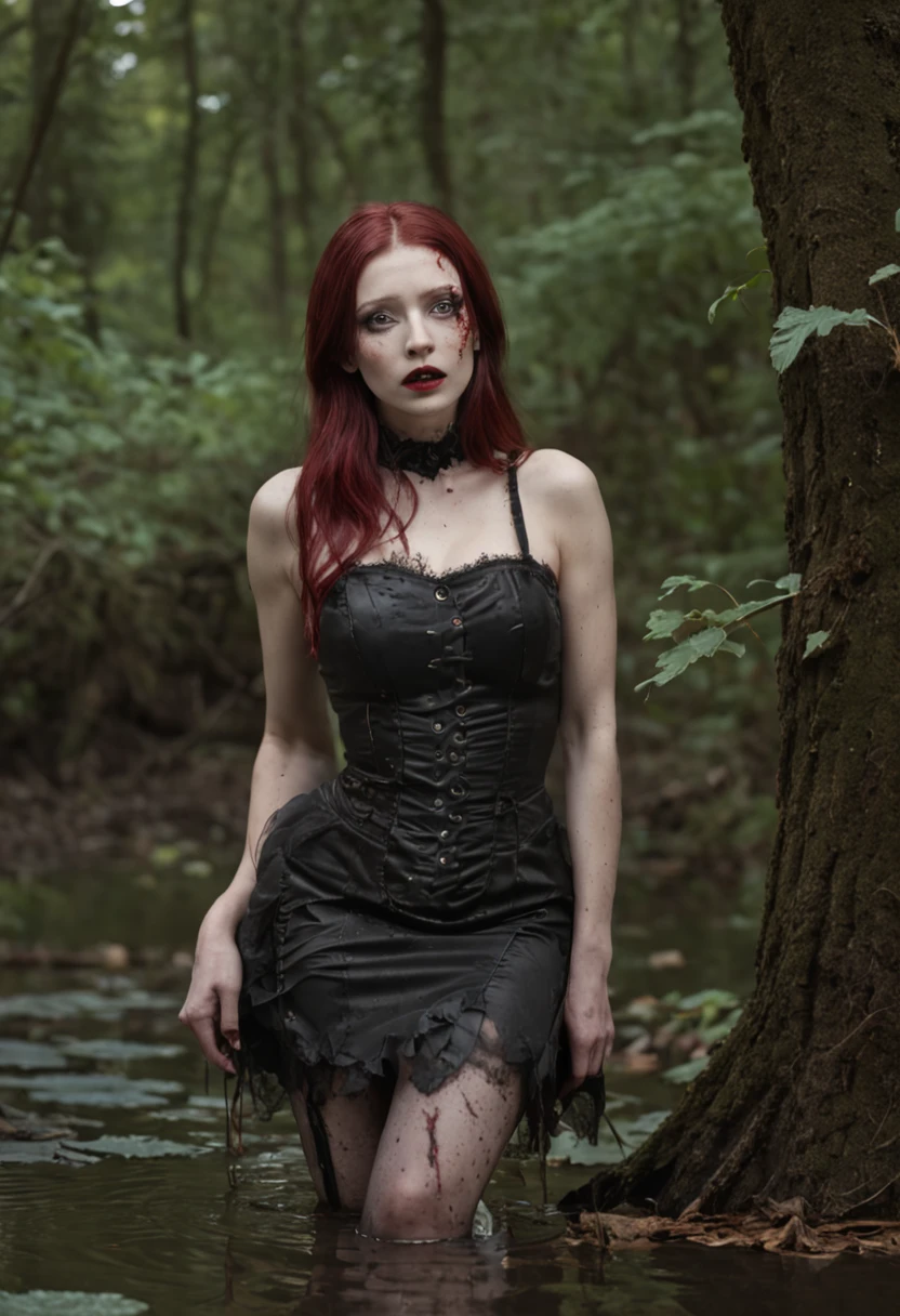 Hyper-realistic, ultradetailed, tmasterpiece. (A night in a dark forest:1.3). The woman, (Tormented by lust:1.3), (drowning up to the hips in the swamp:1.4). mini skirt, Black stockings with garters, leather jacket, black stiletto heels, (emaciated face:1.4), (dehydrated face:1.5), (outcast:1.6), Copper-red hair