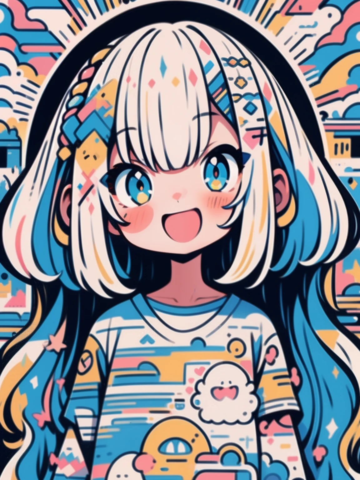 hightquality、Colorful color palette、high-level image quality、Kawaii Girl、laugh face、Mouth open、Turning a blind eye、((Unprecedented amount of drawing))、Lots of information to draw、anime styled、Geometric pattern background、front facing、sticker style