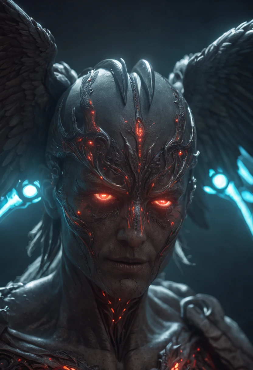 cosmic fallen angel, glowy eyes, biomechanical, eerie, creepy, nightmarish, very bright colors, light particles, bioluminescence, Mschiffer, wallpaper art, UHD wallpaper