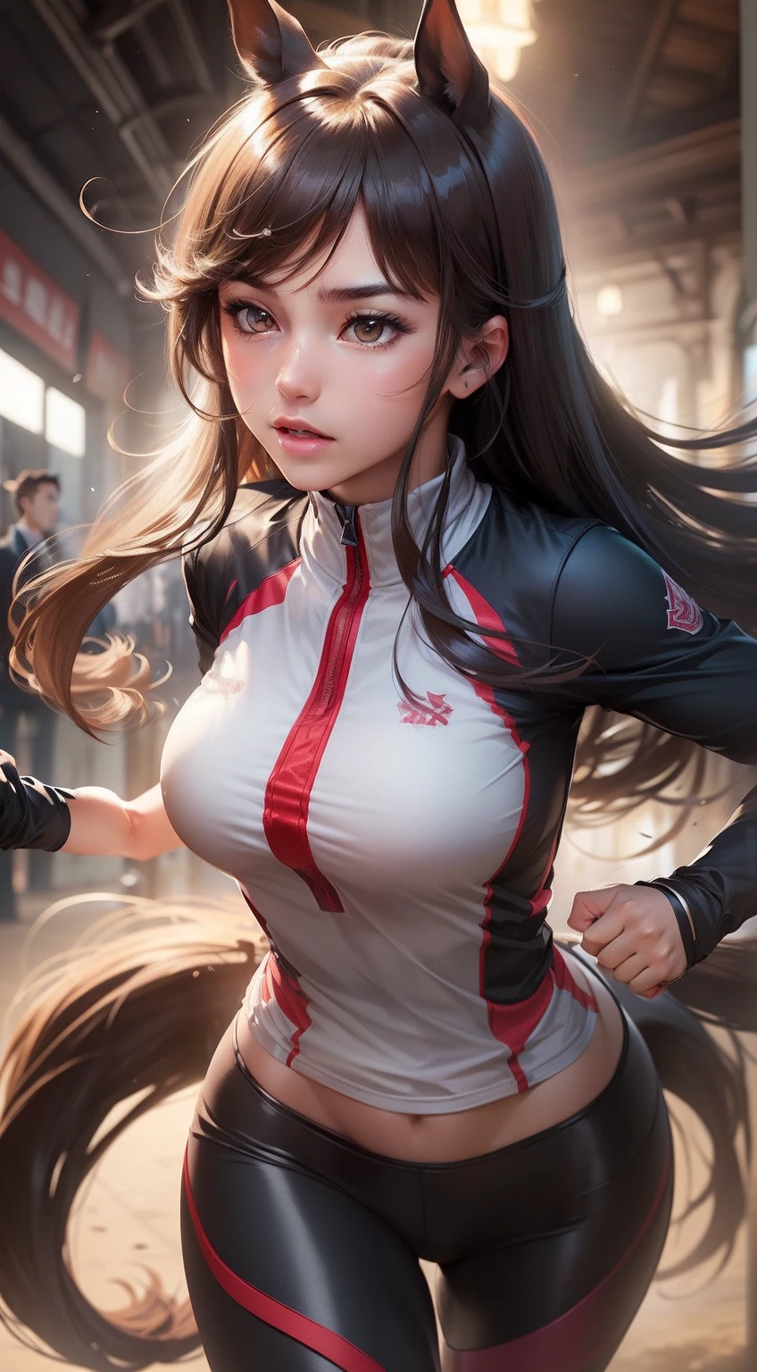 High-quality illustrations,(((Horse personification,femele,High school students,))),running pose,((Background with,Personification of other horses,femele,plural,running pose)),Luxury Dresses