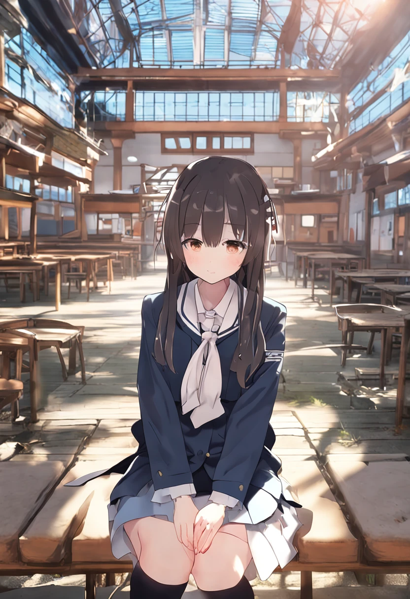 There was a woman sitting on a bench in front of the castle, japanese girl school uniform, wearing a Japanese school uniform, Japanese school uniform, in school uniform, cute female student, in school uniform, Surrealism female students, of a schoolgirl posing, Beautiful Anime High School Girls, JK school uniform, White knee-length socks，Anime girl in real life, Surrealism female students