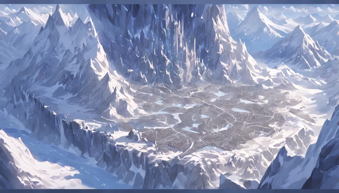 frozen continent，halo, game map, Hyrule, Ancient Fantasy Regional Map, Highly detailed map,Detailed Map, Height Map，world map、Isekai Map、Map of the Kingdom、Otherworldly Adventure、ice mountains、K HD、meticulous、Ground View、Spread up，pixel art, freljord