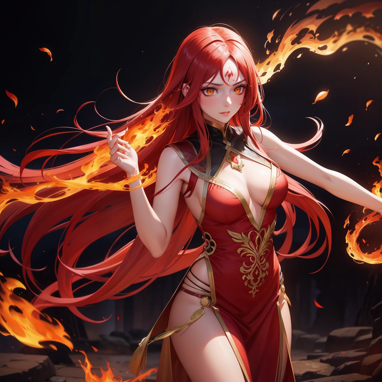 Adult beautiful woman, red burning long hair, yellow eyes, glowing eyes, fire,           ancient, controll fire, exotic, mysterious,   dance, courtesan clothes,      red mark       on forehead