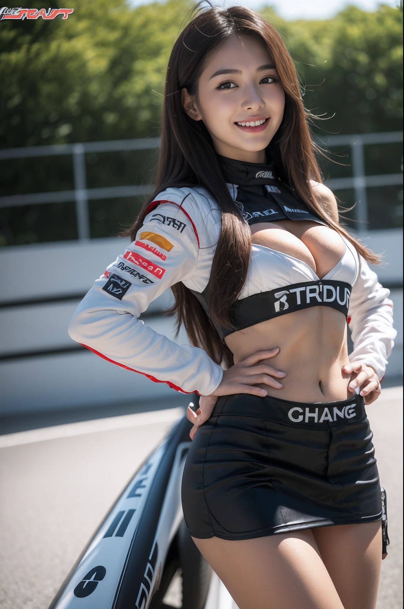 (((one shoulder gridgirl costume))),(((dynamic pose))),(((Show cleavage))),(((miniskirt lift))),(((bare inner thigh))),(((show Formula One car))),ulzzang-6500-v1.1, (Raw photo:1.2), (Photo realistic:1.4), a beautiful detailed girl, extremely detailed eye and face, beautiful detailed eyes, ultra-detailed, High resolution, top-quality, ​masterpiece, highly detailed, 8k wallpaper, Wonderful, finely detail, top-quality, Light on the face,电影灯光,1girl in,(auto race track),Beautiful eyes,smile,Opening Mouth