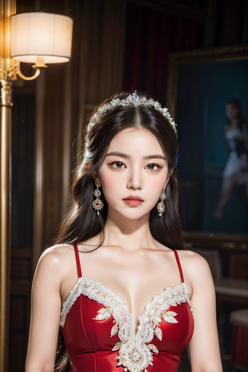 ((8k,A high resolution,Very detailed faces,Intricate details throughout the body,动态照明,photography of,poster for))
being in the grassland,A charming woman wears a gorgeous red dress。This dress is superbly cut,It reveals an elegant and noble temperament。Its style is slim fit,Fits snugly to the silhouette,Accentuates the graceful curves of women。
The fabric of the red dress is soft and smooth satin,It gives a sense of luxury。It shimmers in the sun,It seems to dot the entire steppe。The upper part of the dress has V-shaped lace embellishments,Showcases feminine collarbones and necklines。This lace decoration is full of delicate patterns,Adding a romantic atmosphere。
The hem of the dress is a wide fishtail design,Make the female figure more attractive。It consists of multiple layers of fluffy gauze,Each layer is decorated with delicate embroidery and beadwork,It seems to radiate starlight。Whenever a woman walks,The screen flutters gently,It's like dancing on the prairie。
Women's makeup is delicate and elegant。Her lips are smeared with bright red lipstick,Full and seductive。Her eye makeup is meticulous,The eyeliner is drawn softly and elegantly,Pair it with thick lashes and the contours of the eyebrows。Her eyes flashed brightly,It exudes a sense of confidence and charm。
The highlight of the whole look is her accessories。She wears a delicate necklace,The necklace is set with rubies and diamonds,Shimmering with dazzling light。She wears a ruby bracelet on her wrist,Complement the dress。She wears ruby earrings for her ears,It adds a touch of brightness to the whole look。
The woman stood on the steppe,Her beauty is different。The details of her red gown sparkle with luxury and art everywhere,Make her the most dazzling presence on the steppe。