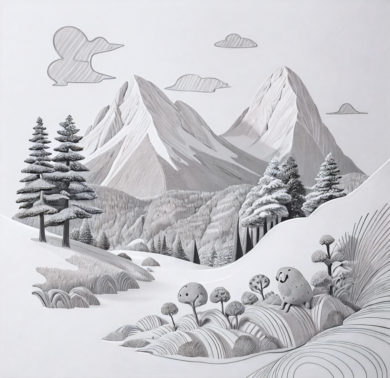 A drawing of a mountain range with tender trees , line art illustration, Dibujo de libro para colorear, full page illustration, Illustration of the entire page, Highly detailed illustration, linear illustration, Boceto detallado en blanco y negro, Arte lineal en blanco y negro, Highly detailed illustration.", Dibujo digital detallado, Detailed ink illustration, clean ink detailed line drawing, Arte lineal , Hermosa ilustracion