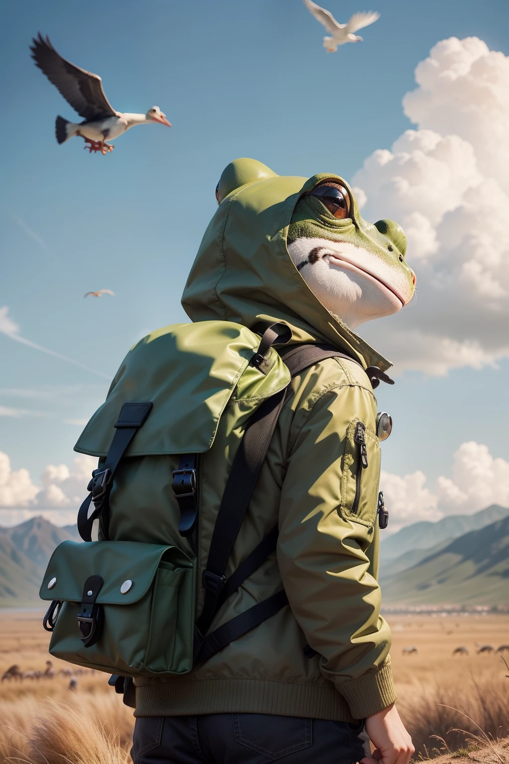 A traveling frog with a small backpack,Looking at the wild geese flying in the sky