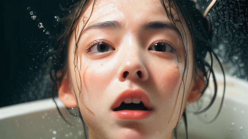 ((top quality, 8k, masterpiece: 1.3)), woman (naked in hot springs), sweating, water droplets on forehead of face, outdoors, background urban cityscape, overhead camera, sharp focus: 1.2, cute woman: 1.4, (((layered haircut)), (white shirt), very detailed face and skin and hair texture, knotted black hair, wet texture hair, wet body, detailed eyes, Double eyelids, white skin, beautiful legs, beautiful delicate nose, cute young Japan woman, 28 years old, with dynamic angles, it is pleasing to the eye and suggestive composition, while emphasizing the subject's hair, eyes, mouth and action, while exuding melancholy emotions characterized by a contrasting mix of calm tones and light and shadow.