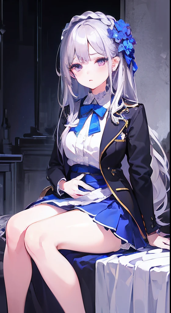 (​masterpiece}, {hight resolution}, {Good anatomy}, (top-quality), (extremely delicate and beautiful), (8k cg wallpaper), (illustratio), 1 girl in,  Silver hair, Blue lily flowers, white  shirt, Black jacket, Blue skirt, Partial braid, Pregnancy, Maternal face