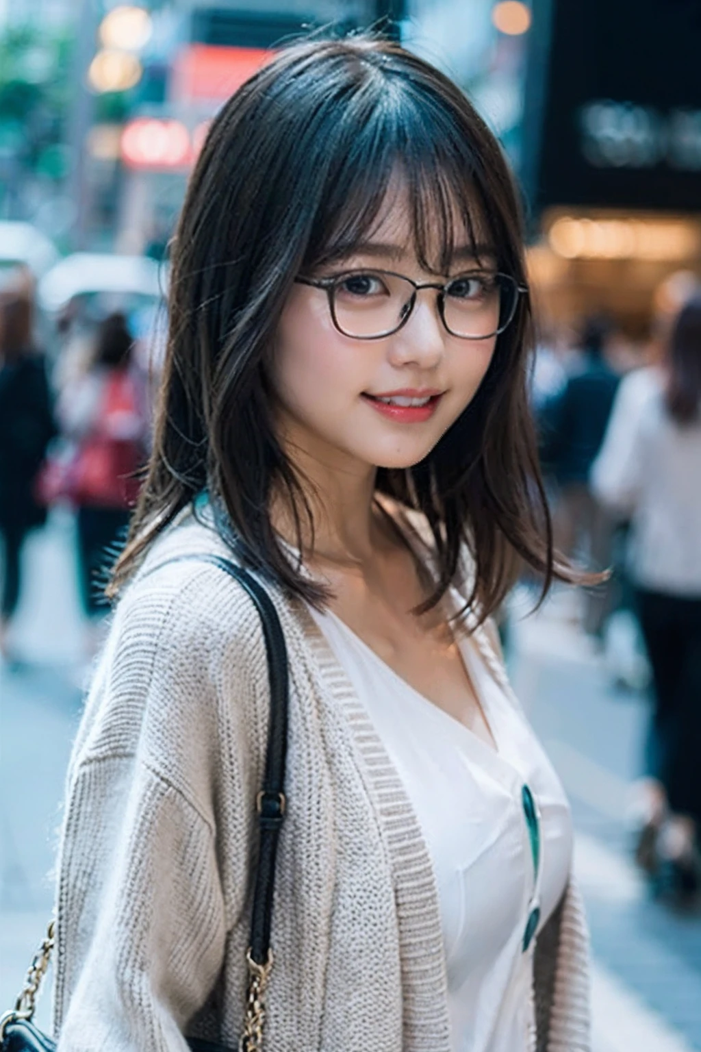 (8K、Raw photography、top-quality、masterpiece:1.2)、(realisitic、Photorealsitic:1.37)、ultra-detailliert、超A high resolution、1人、see the beholder、beautifull detailed face、A smile with a little visible teeth、Constriction、(Slim waist) :1.3)、((Wearing a cardigan))、pastel clothing、Beautiful detailed skin、Skin Texture、Floating hair、((fluffy hairstyle))、large breasts with good shape、Professional Lighting、In front of the station at noon、((Black square glasses))、Whole human body、Black hair、((Have a small handbag))、Pay attention to your audience、