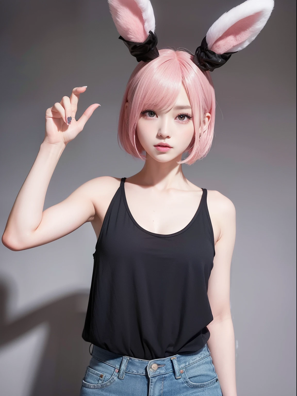 Large black tank top、Damaged jeans、Pink Shortcut Bob、Realistic rabbit ears、rabbit ears pink hair sticking out of the head,、Bewitching atmosphere、Beautiful shaped hands、K-POP、Pink rabbit ears、1 girl in、独奏、​masterpiece、top-quality、realisitic、Hyper-detailing、(Glossy skin:1.4)、absurderes、short pink hair、Slender beauties、动态照明、hight resolution、foco nítido、depth of fields、(thick thight:1.0)、A slender :1.2、((Short-cut bob hair))、((k pop:1.3))、Highly detailed facial and skin texture、((魅惑的))、Anatomically correct number of fingers、Correct anatomy、