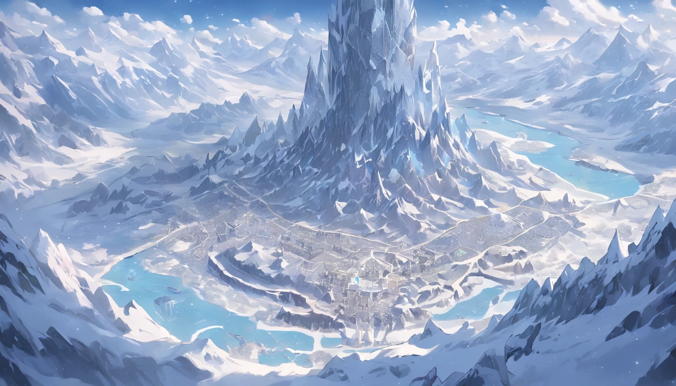 frozen continent,halo, game map, Hyrule, Ancient Fantasy Regional Map, Highly detailed map,Detailed Map, Height Map,world map、Isekai Map、Map of the Kingdom、Otherworldly Adventure、ice mountains、K HD、meticulous、Ground View、Spread up,pixel art, freljord, blizzard, cold wind, blue ice, ice crystais, nomad caravan