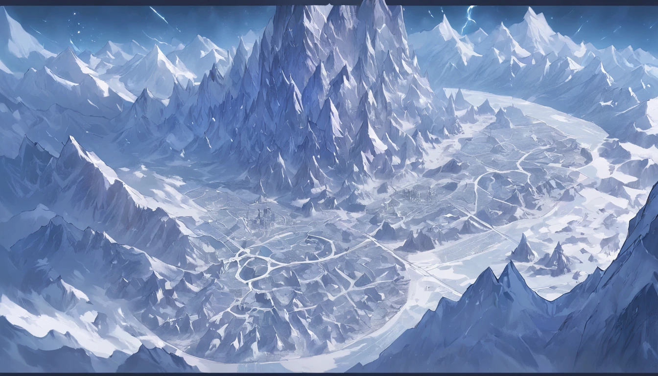 frozen continent,halo, game map, Hyrule, Ancient Fantasy Regional Map, Highly detailed map,Detailed Map, Height Map,world map、Isekai Map、Map of the Kingdom、Otherworldly Adventure、ice mountains、K HD、meticulous、Ground View、Spread up,pixel art, freljord, blizzard, cold wind, blue ice, ice crystais, nomad caravan
