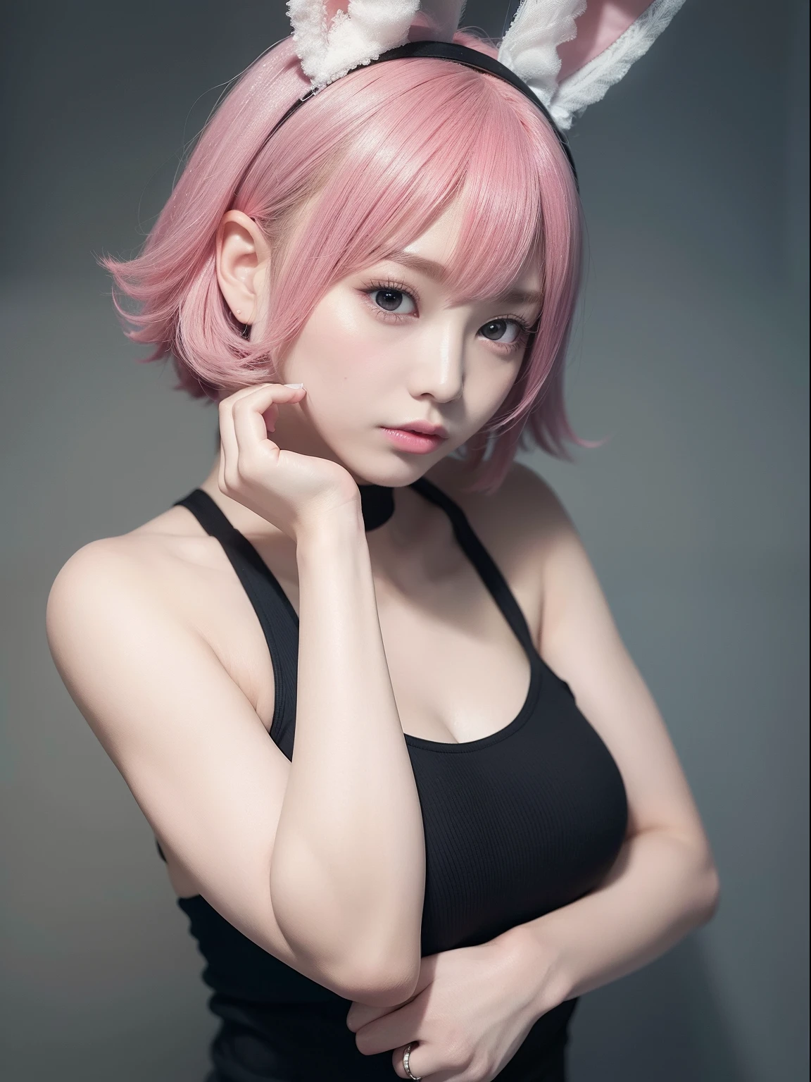 Large black tank top、Damaged jeans、Pink Shortcut Bob、Realistic rabbit ears、rabbit ears pink hair sticking out of the head,、Bewitching atmosphere、Beautiful shaped hands、K-POP、Pink rabbit ears、1 girl in、独奏、masterpiece、top-quality、realisitic、Hyper-detailing、(Glossy skin:1.4)、absurderes、short pink hair、Slender beauties、动态照明、hight resolution、foco nítido、depth of fields、(thick thight:1.0)、A slender :1.2、((Short-cut bob hair))、((k pop:1.3))、Highly detailed facial and skin texture、((魅惑的))、Anatomically correct number of fingers、Correct anatomy、