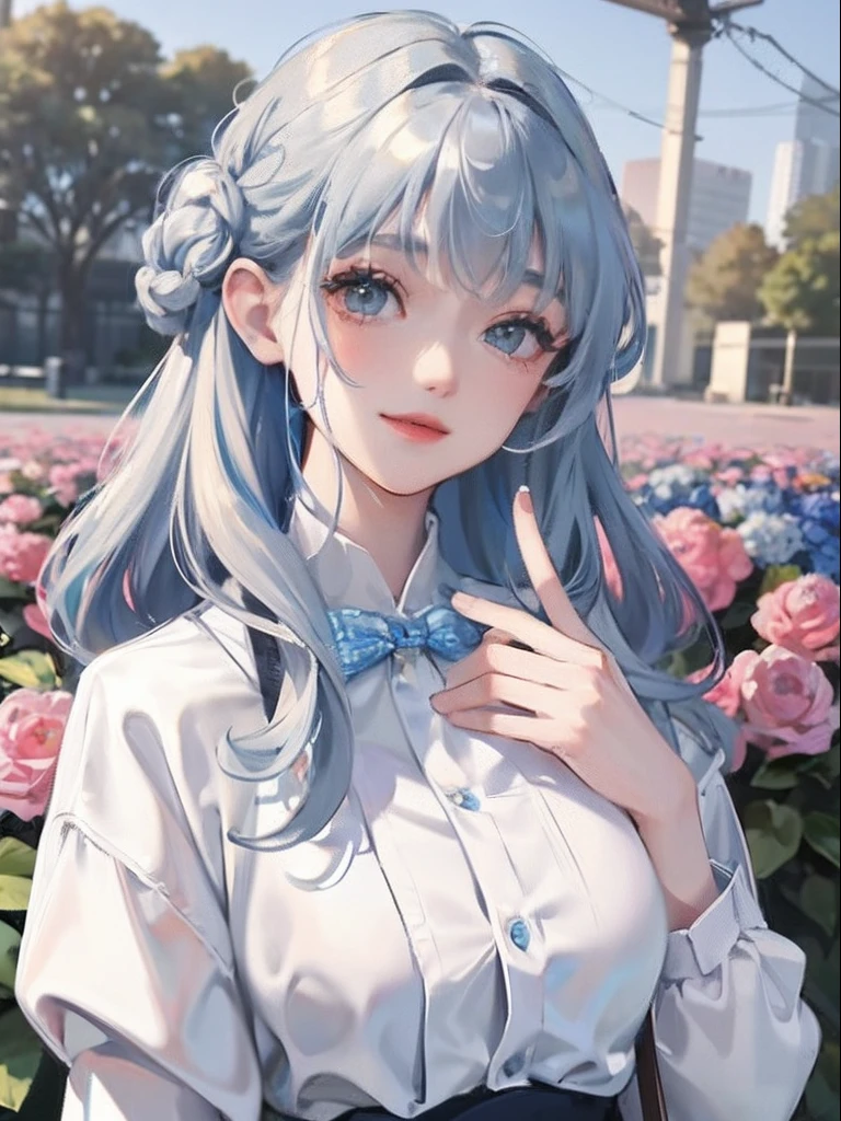 Silver hair with blue gradient at tips、a beauty girl、girl with、white  clothes、waist-up、Curly hair、Hair with curled tips、Vertical hair roll、Beautiful girl with fair skin、sixteen years old、happily face、Have flowers、high-level image quality、Flower Garden、garden with flowers、Warm Yang、Smiling woman in flower garden、Town Girl、