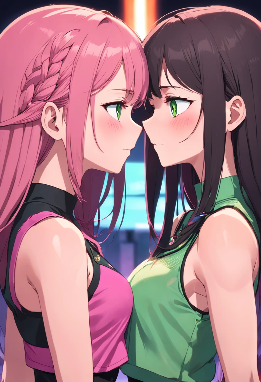 (best quality, masterpiece), 2girls looking at each other side view, the girl on the left is an emotionless psychopath with brown hair and green and hot pink tips while wearing a black croptop with green eyes and smiling at the girl on the right, the girl on the right is emotionless and serious has black hair and has blue and pink highlight braids while wearing a purple croptop with hot pink lips and theres a purple lighting on all of the girls
