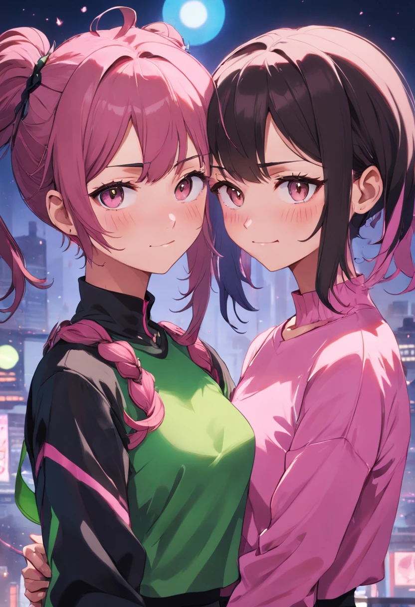 (melhor qualidade, master part), 2 muheres olhando uma para a outra vista lateral, The woman on the left is an emotionless psychopath with brown hair and hot green and pink tips, while wearing a black croptop with green eyes and smiles at the woman on the right, The woman on the right is emotionless and serious, She has black hair and has blue and pink braids while wearing a purple croptop with warm pink lips and there is a purple lighting on both girls;