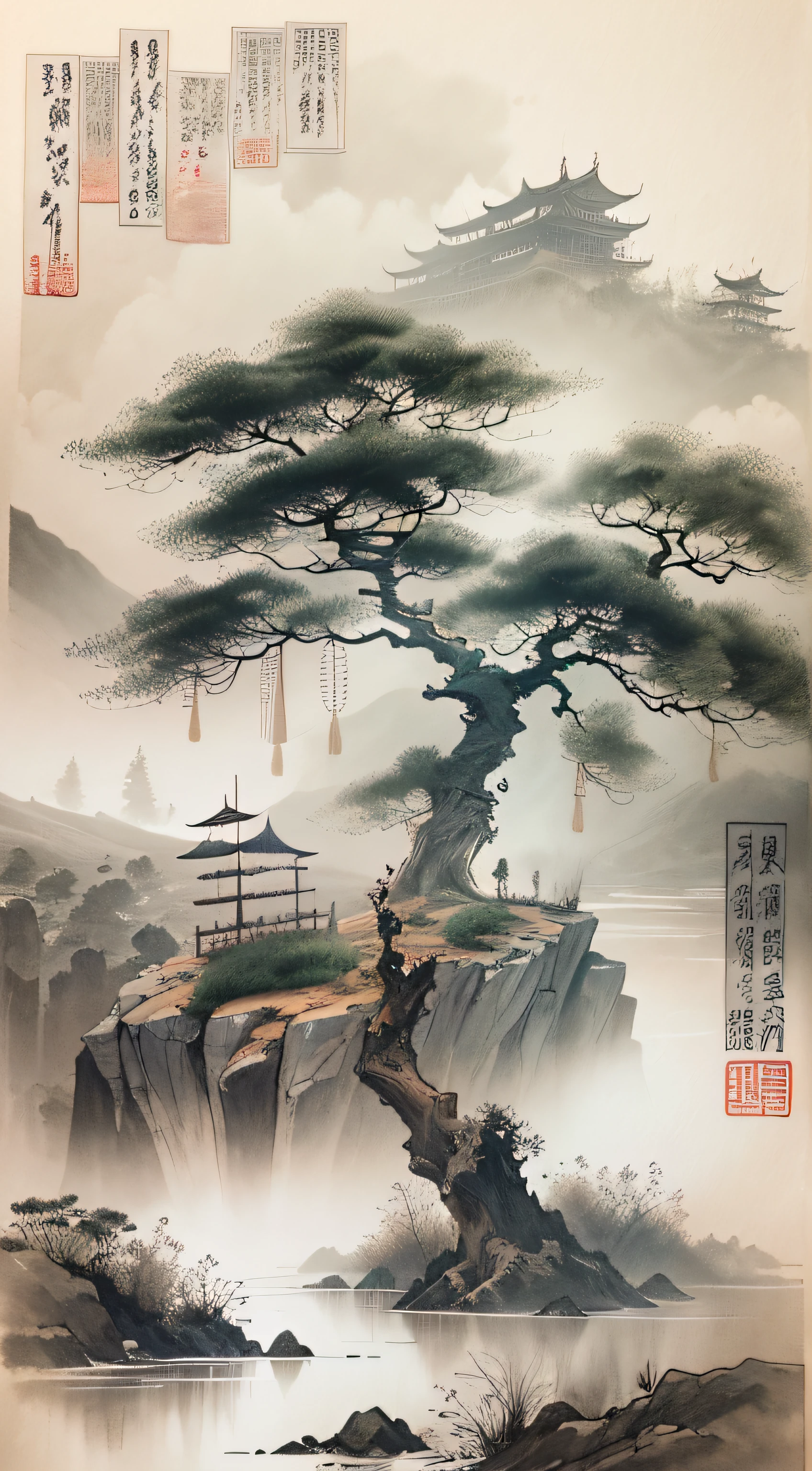 ink and watercolor painting,Draw on rice paper,Use thick, light inks to create shading variations and layers,Choose the right ink color,Such as deep black、Thick gray、Light coffee, etc,Express different situations and atmospheres,Control the gradient and transition of ink color by the humidity and consistency of the ink,mont,Eau,the trees,Lake surface,Small broken boat,Bleak, Desolate, Solitude,Black and white tones,dead tree, Traditional Chinese Ink Painting, Traditional Chinese art, author:Guo Xi, author:Ma Yuanyu, Traditional Chinese painting, author:Xu Xi, author:Luo Mu, author:Yang Buzhi, author:Li Kelan, author:Gu An, Ink painting ) ) ) ), Chinese ink painting, Chinese painting style