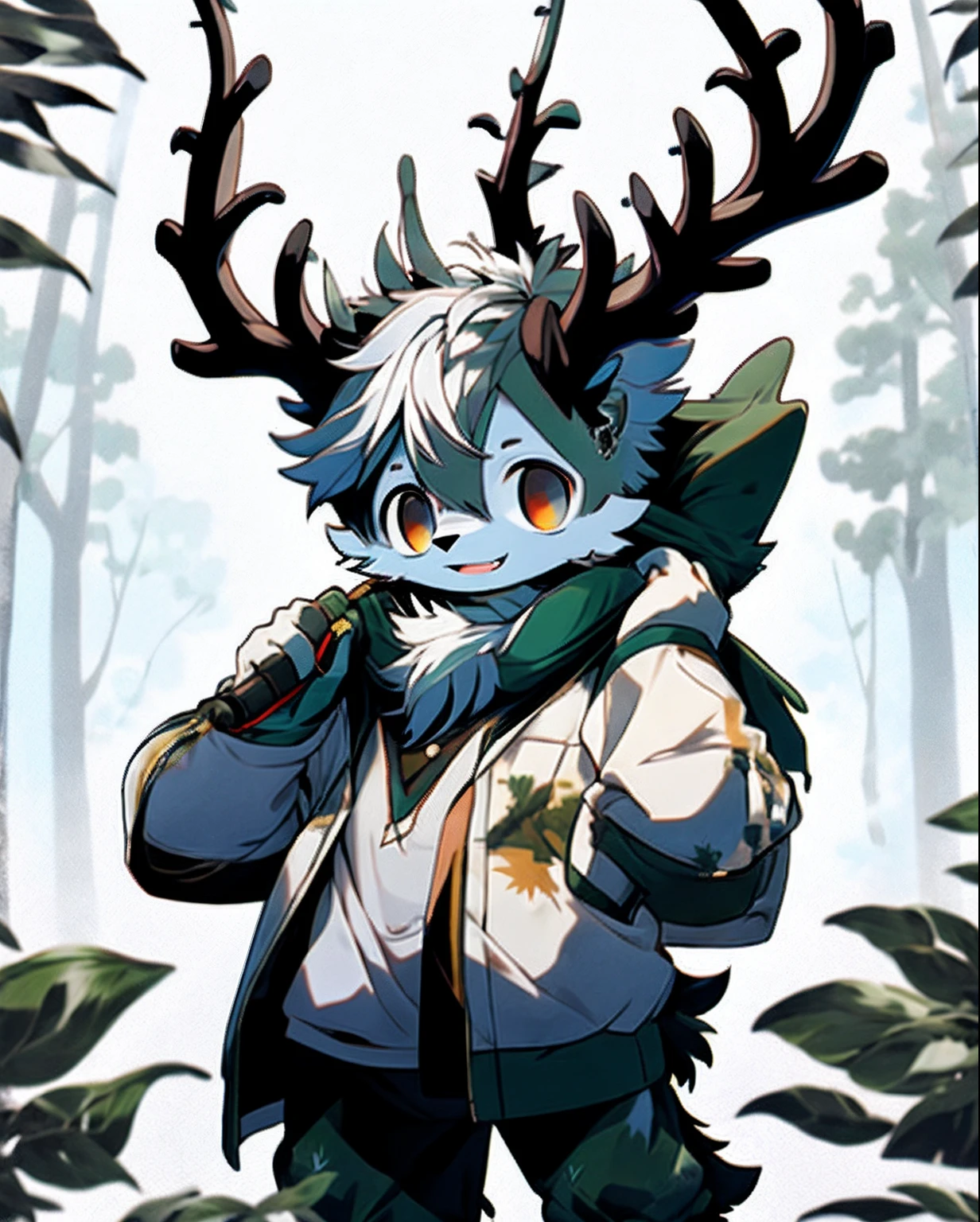 Deer Boy,Deer antlers,White hair,malefocus,Male hairy,8 boy,Stand up,ssmile,is shy