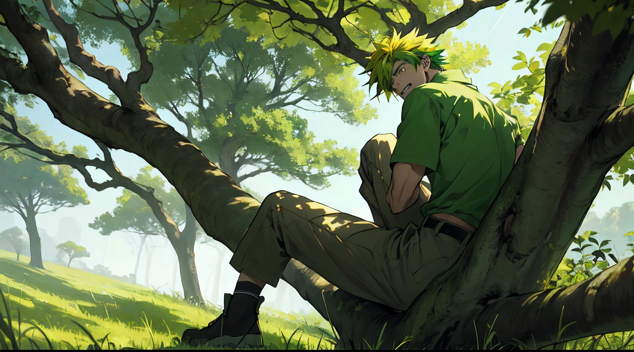 A young, crazy guy with green and yellow hair, sits with his back to a tree.