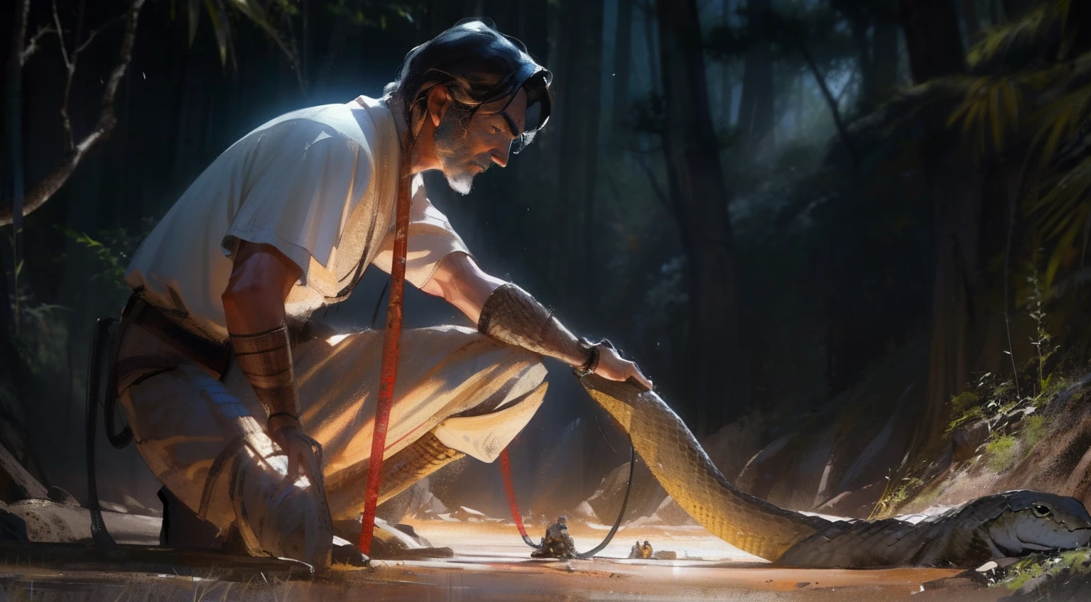 there is a man kneeling down with a wounded snake on the ground, movie still 8 k, 8 k movie still, weta disney movie still photo, with cinematic blue lighting, 4k movie still, 4 k movie still, still from a fantasy movie, 8 k film still, still from a live action movie, cinematic photograph concept art, award winning cinematic still