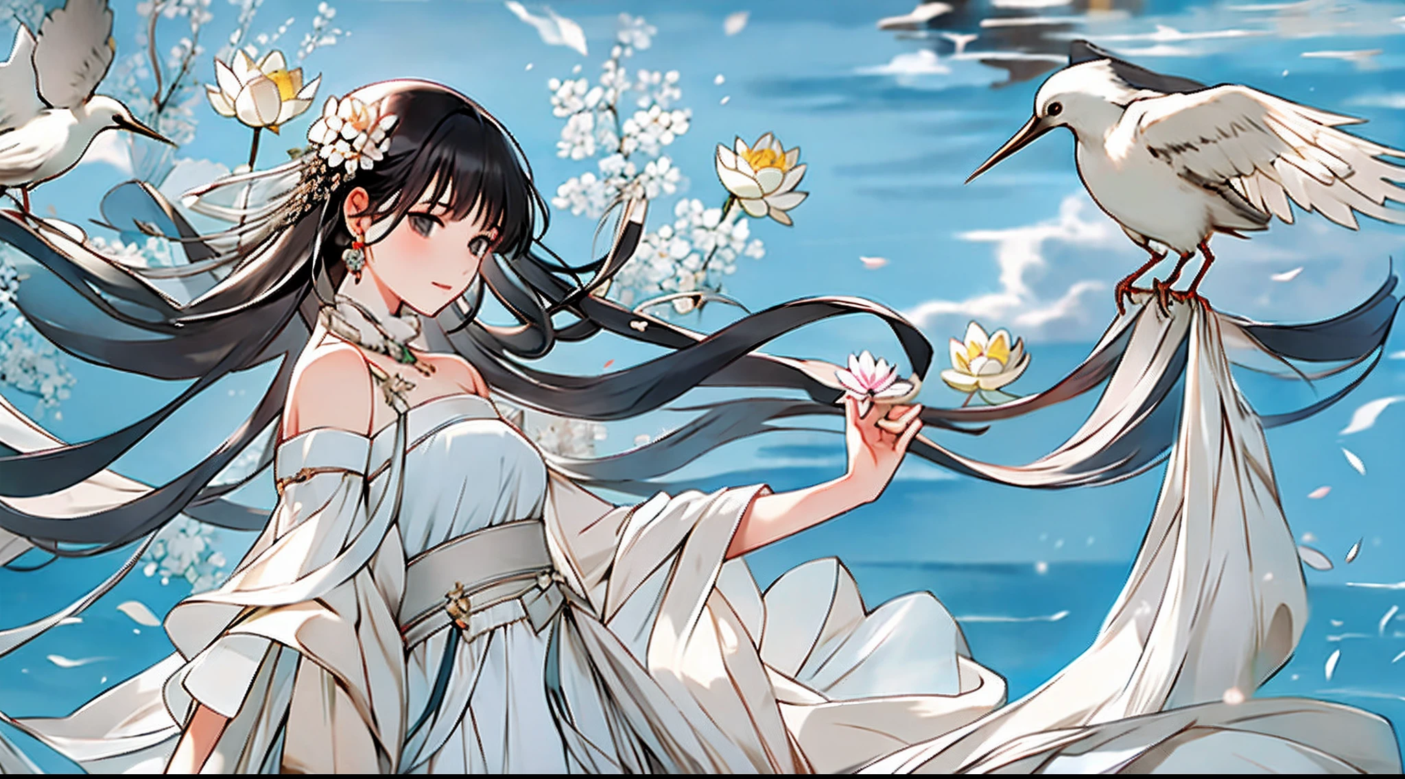 masterpiece,(masterpiece, top quality, best quality),1girl, long hair, bird, flower, black hair, lotus, solo, hair ornament, dress, bare shoulders, very long hair, upper body