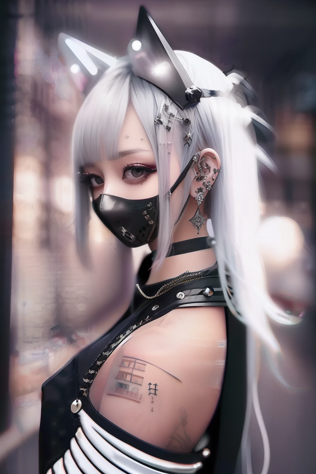 vampire costume、goth_punk, 1girl in, 独奏, medium shot, Walking in Harajuku, ((during night)), bokeh dof, Neon light, Iridescent eyes, starrysky, White shiny hair, White eyebrows, Radiant hair, (iridescent white hair), 耳Nipple Ring, bangss, jewely, masks, bluntbangs, verd s eyes, Mouth mask, blurry backround, bblurry, hair adornments, Look at viewers, shorth hair, portraitures, side locks