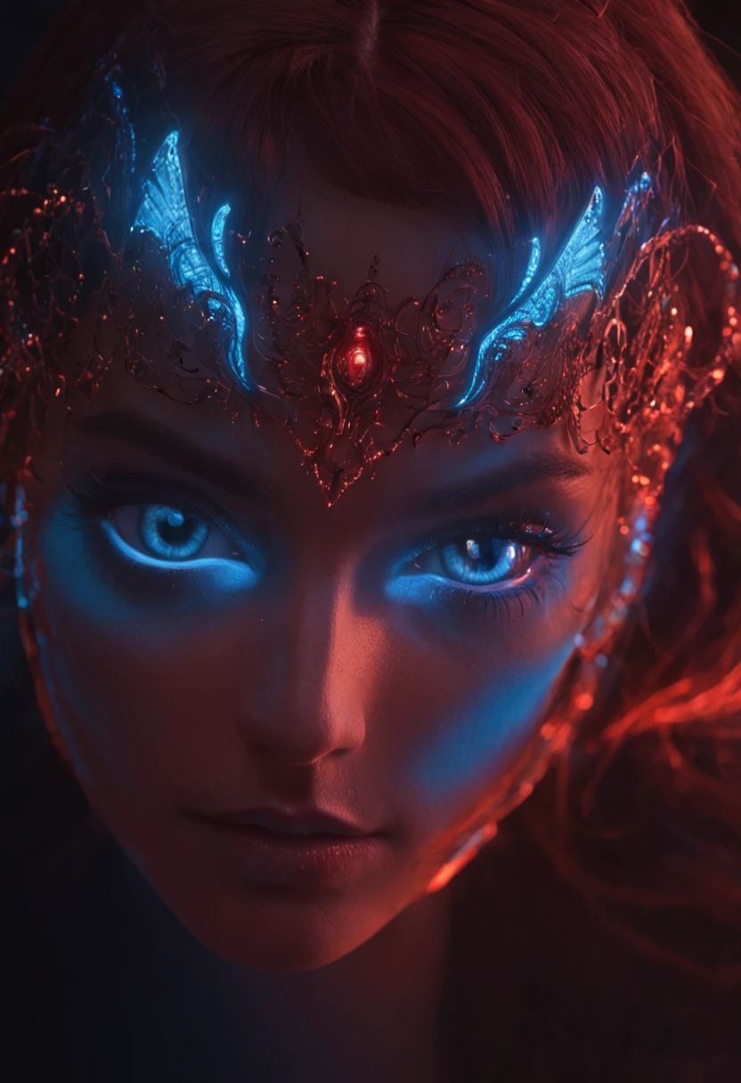 Cosmic Fallen Angel, glowing light eyes, Biomechanical, Very bright colors, Light particles, with light glowing, Mshiff, wallpaper art, UHD wallpaper,Strong red and blue light and shadow