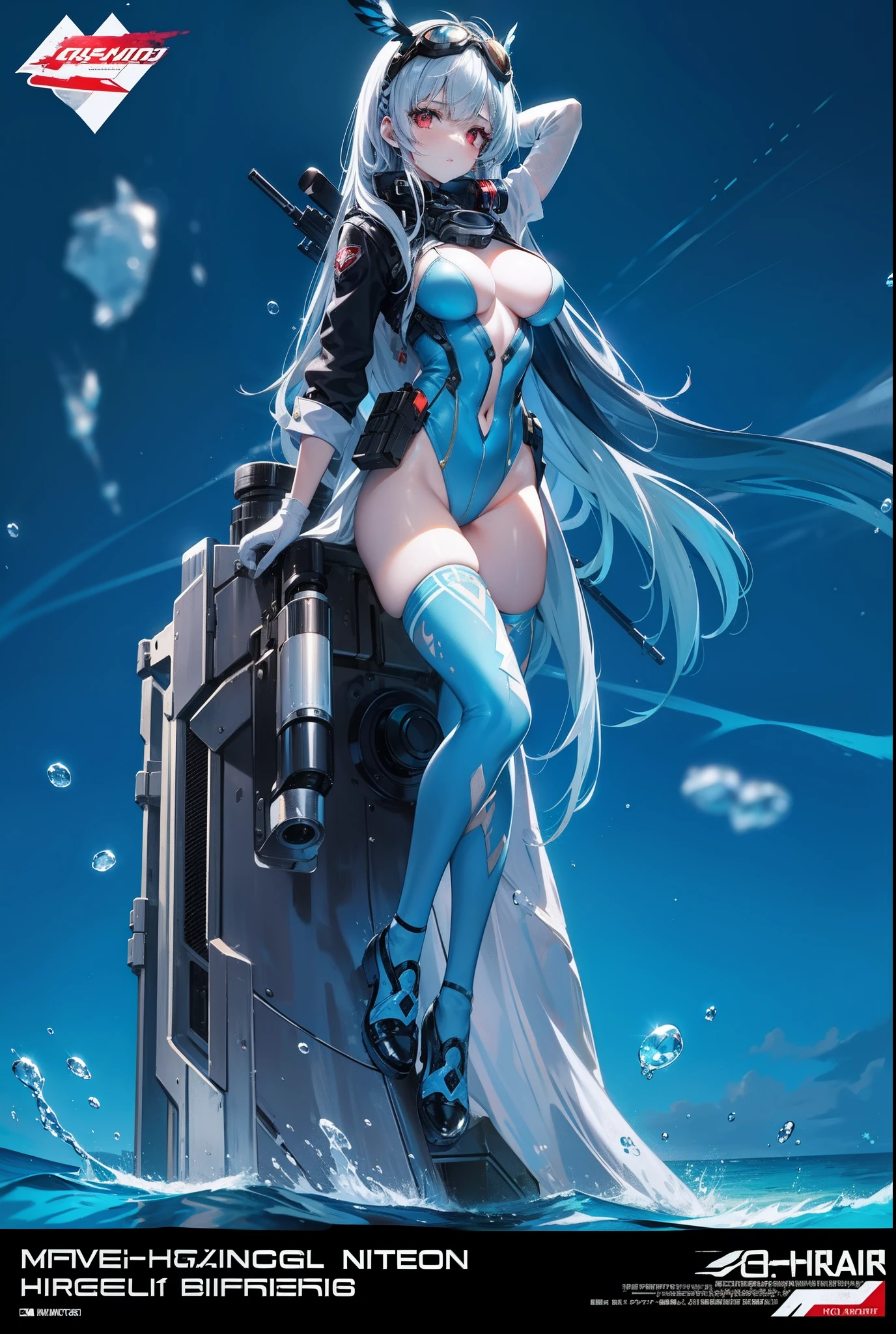 masterpiece,(bestquality),highlydetailed,ultra-detailed,  cold , 1girl, breasts, Wing-like bangs，Dull hair，long whitr hair，hair loops，Long straight hair，center opening, gloves, goggles, goggles on head, red eyes, gun, horizon, leotard, lipstick, looking at viewer, makeup, ocean, pale hair, sky, solo, thighhighs, underwater, water, watercraft, weapon