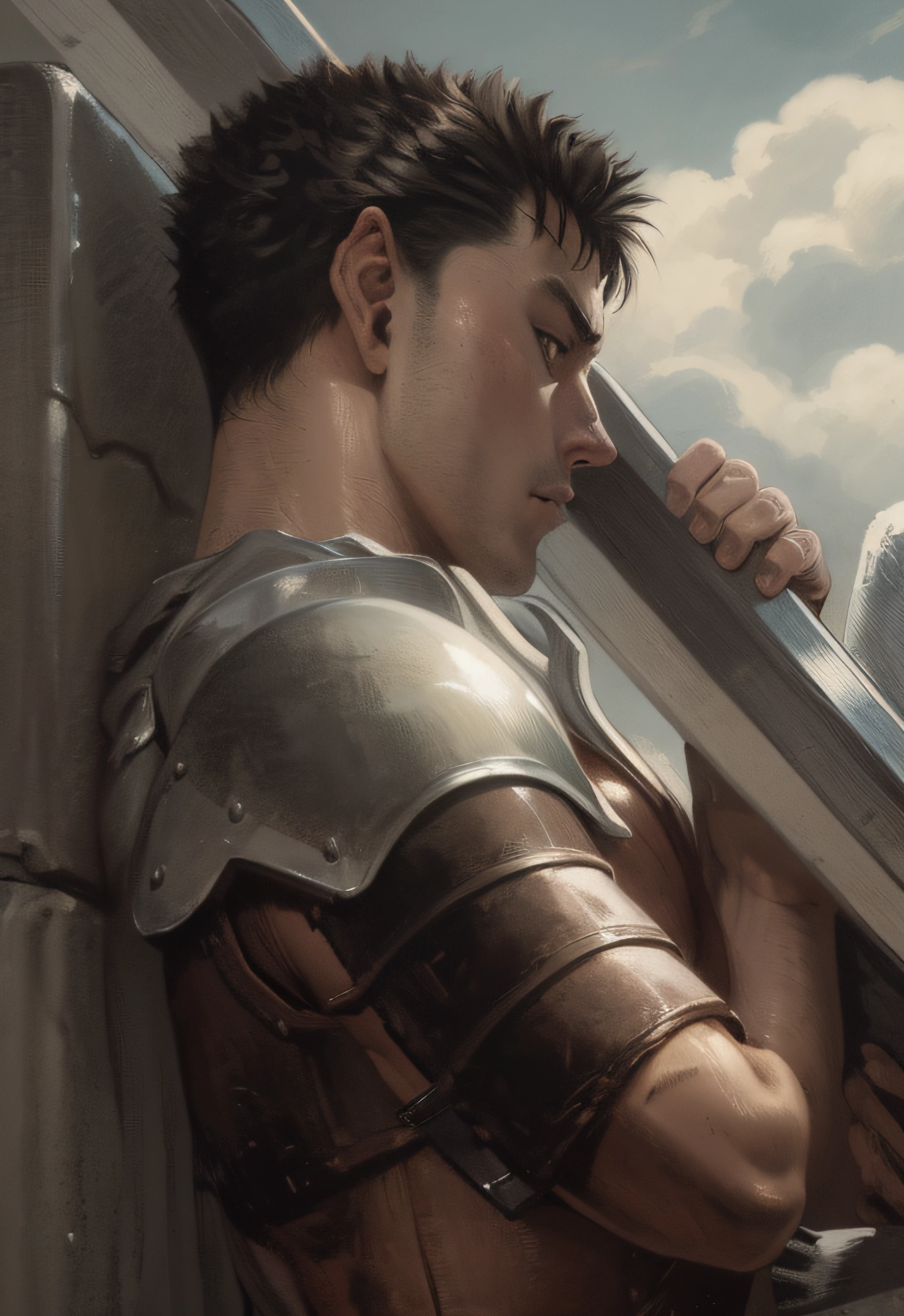 illustration of a man sitting, cloudy sky, bare arms, brown clothes, old armor, an illustration inspired by Kanō Hōgai, tumblr, romanticism, in berserk manga, from berserk, portrait of guts from berserk, guts from berserk, berserk manga, guts berserk, berserk art style, the sandman from graphic novel, berserk guts