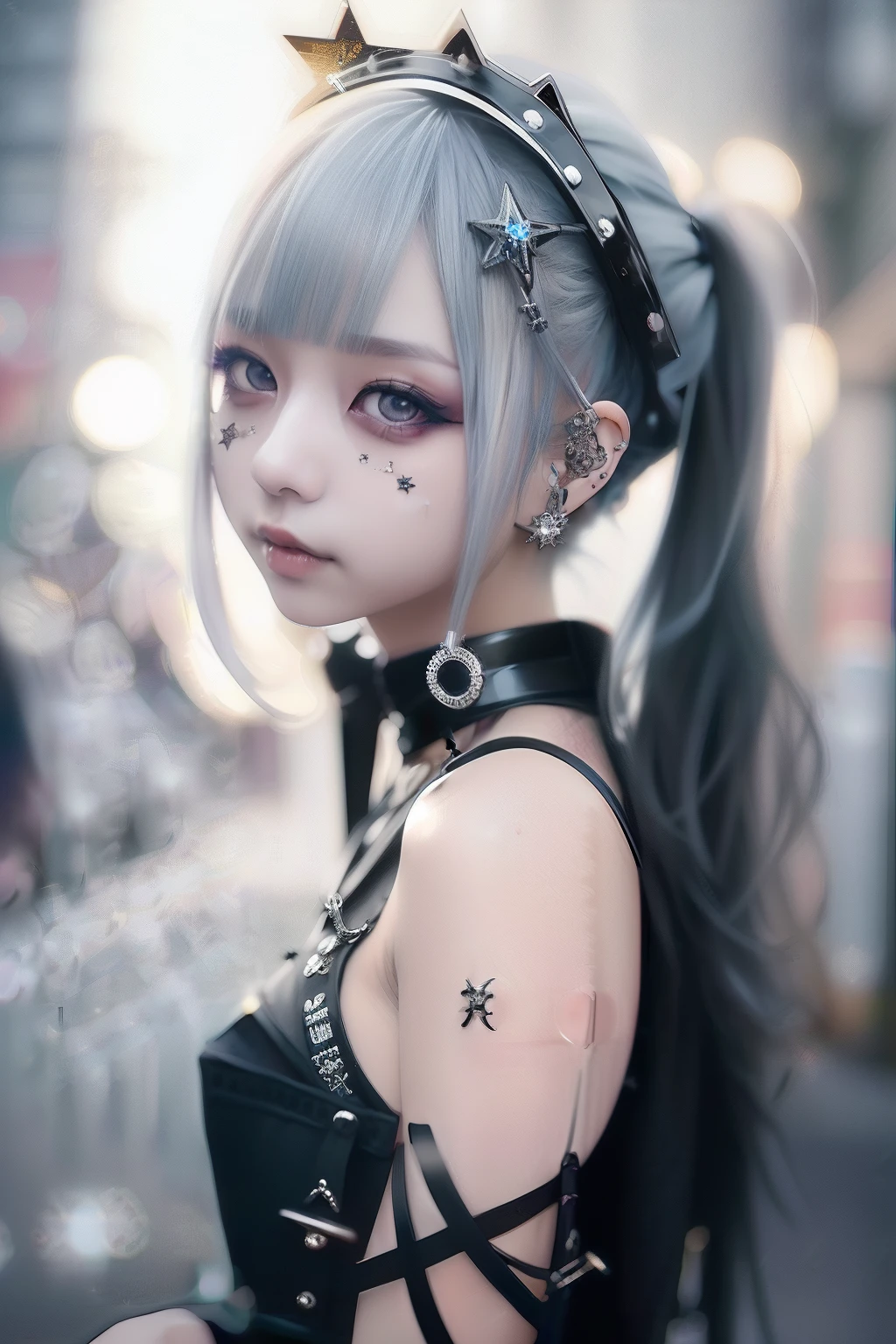 holding the mic、singers、Band Girl、bob cuts、Cowboy Shot、goth_punk, 1girl in, 独奏, medium shot, Walking in Harajuku, ((during night)), bokeh dof, Neon light, Iridescent eyes, starrysky, White shiny hair, White eyebrows, Radiant hair, (iridescent white hair), 耳Nipple Ring, bangss, jewely, masks, bluntbangs, verd s eyes, Mouth mask, blurry backround, bblurry, hair adornments, Look at viewers, shorth hair, portraitures, side locks、blue-black leather pants, Silver zipper,Belt under the waist,superfine illustration,(((beautiful fine hair))),(((Beautiful Fine Face))),(((Beautiful fine background))),Normal small size,bangss ,(((beautiful fine hair))),(((Beautiful Fine Face))),(((Beautiful fine background))),a blond , show forehead, Silver center zipper, Leather Blue Black Bodysuit, 3-sleeve blue-black, shiny, Blonde ponytail