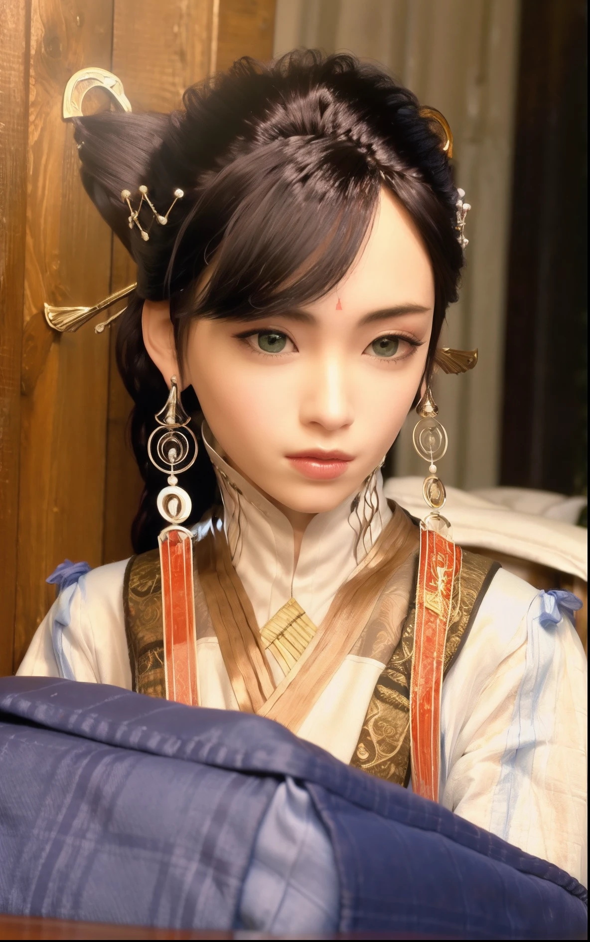 a beauty girl,period costume,Manteau blanc,lay on back,casket