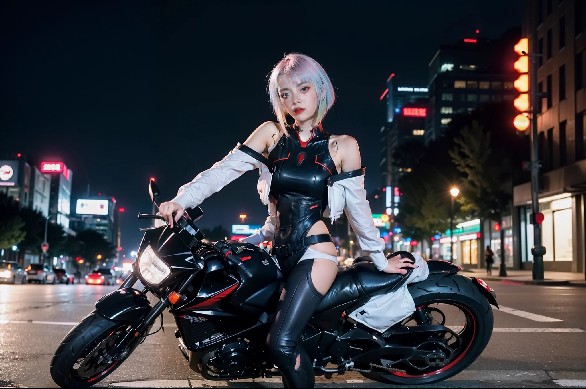 masterpiece, best quality, high resolution, lu1, cyborg, multicolor hair, makeup, bare shoulders, black leotard, high leg leotard, (thong:1.1), white jacket, open jacket, belt, shorts, cowboy shot, cyberpunk, (riding a motorcycle, on the street, at high speed, at night:1.2)