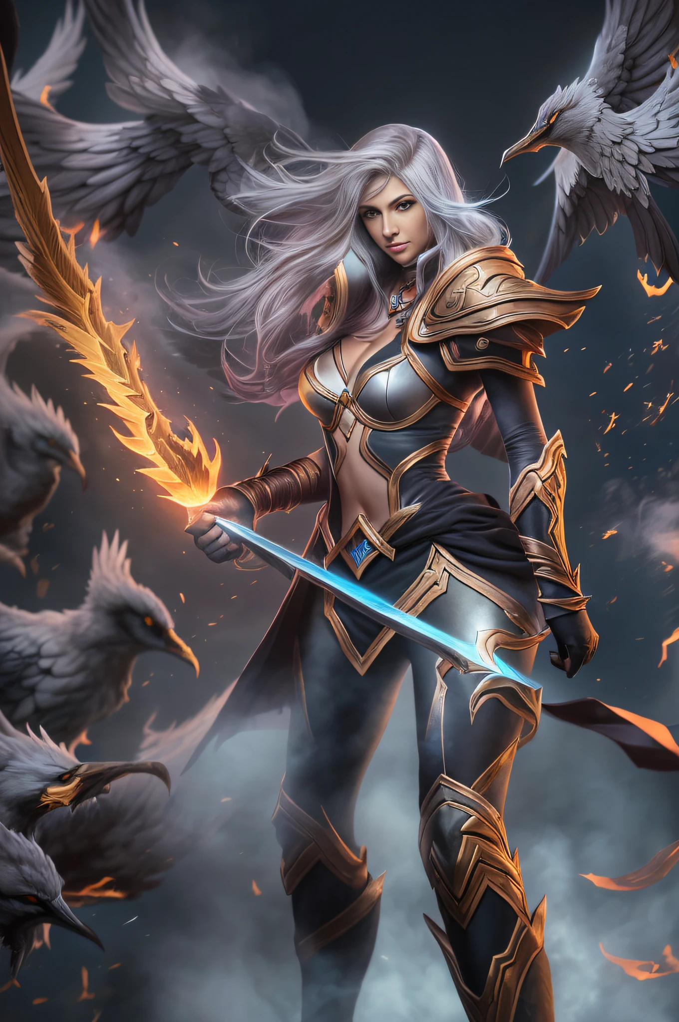 (((Kayle de League of Legends, Ultra realista))), (((corpo inteiro))), (((perfect hands))), Usando a Arma Samurai, fundo antigo, (((Armas Perfeitas))), elegante, gray and black smoke, atordoante, hyper realistic, octan render, surrounded by the effect of smoke and lightning,  Estilo League of Legends, fundo antigo, elegante, deslumbrante, (papel de parede), arte conceitual, detalhes intrincados, altamente detalhado, ((cinemactic)), Dramatic, (mais alta qualidade, Concedido, obra-prima:1.5), (fotorrealista:1.5), fotografia, Realistic photo, Nikon, Luz Natural, 4k, highes definition, XF IQ4, 150MP, 50 millimeters, ISO 1000 Certification, 1/Anos 250, Luz Natural, Adobe Lightroom, photolab, Photographic Affinity, PhotoDirector 365,