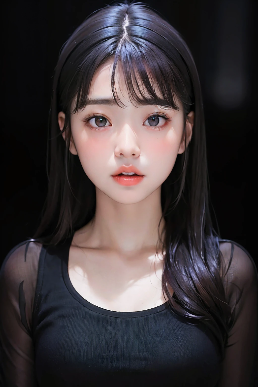Masterpiece, best quality, (dark photo: 1.3), photorealistic, 1girl, flat bangs, nice innocent symmetrical face, shirt, emotional, ulzzang, (PureErosFace_V1:0.7)